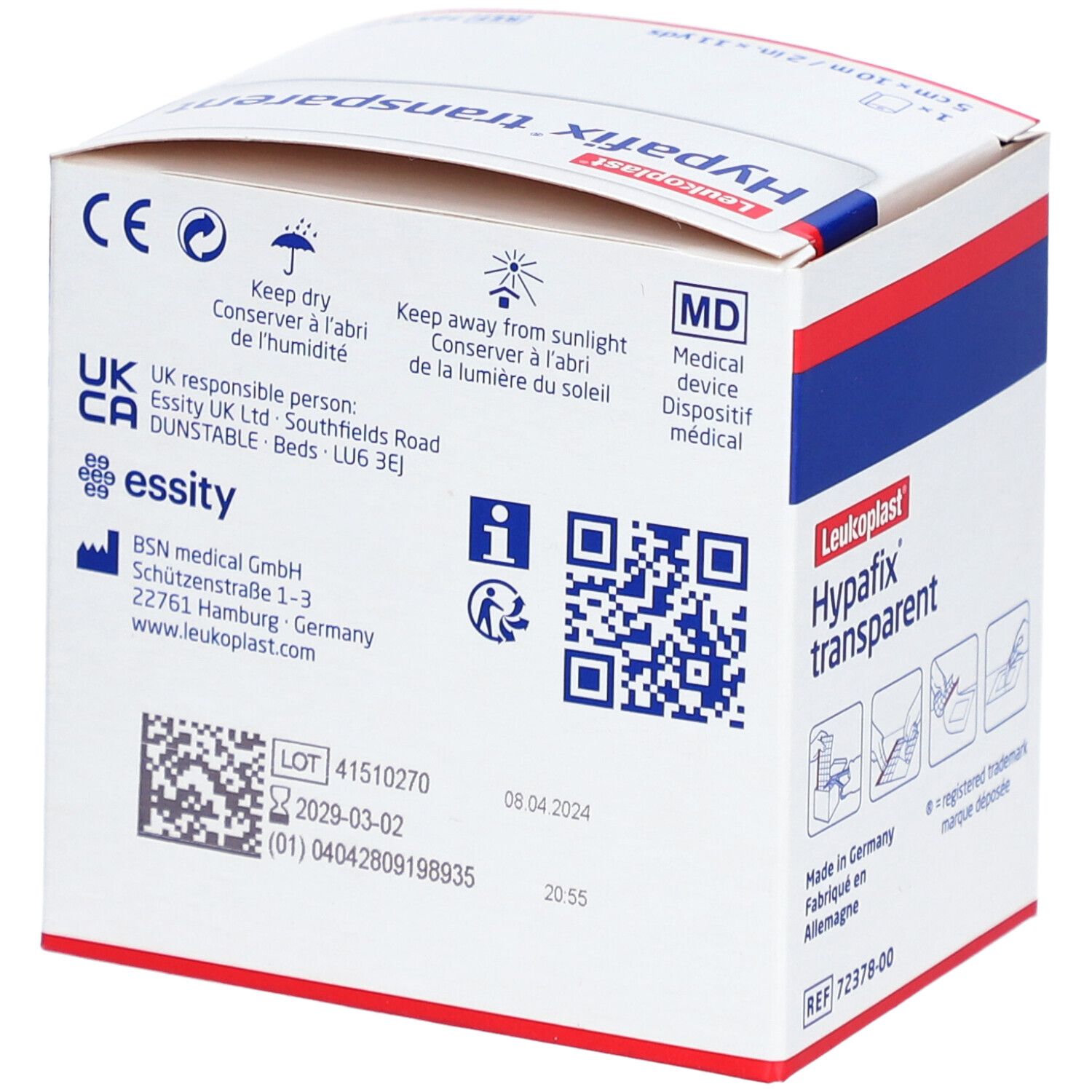 Rückseite der Hypafix transparent Verpackung. Informationen, QR-Code, Chargennummer und Herstelleradresse.