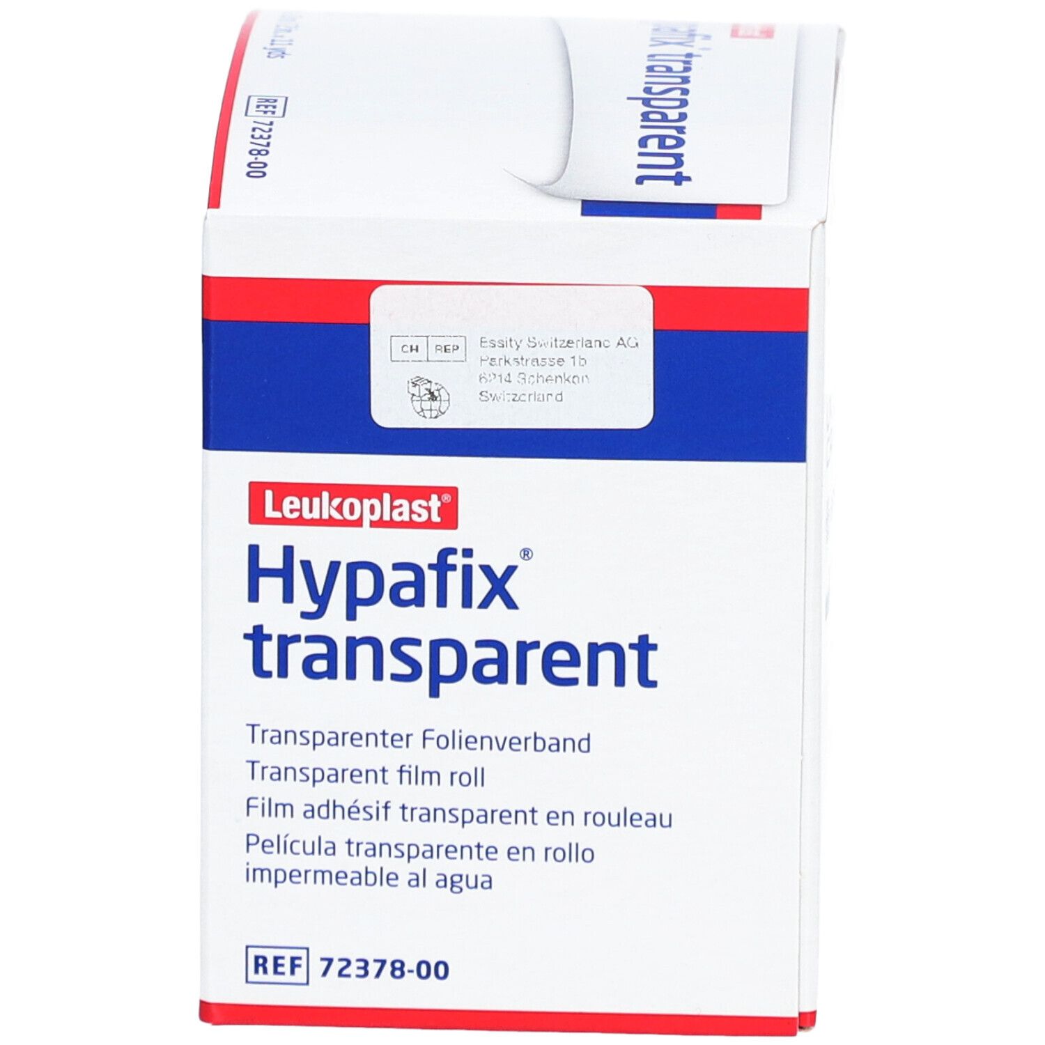 Verpackung von Hypafix transparent. Weißer Karton mit roter und blauer Schrift. Produktname und Informationen.