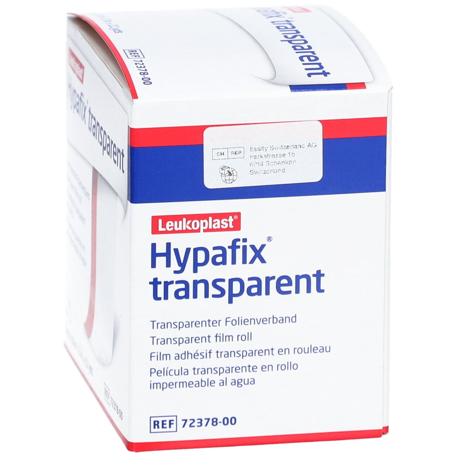 Verpackung von Hypafix transparent. Weißer Karton mit roter und blauer Schrift. Produktname und Informationen.