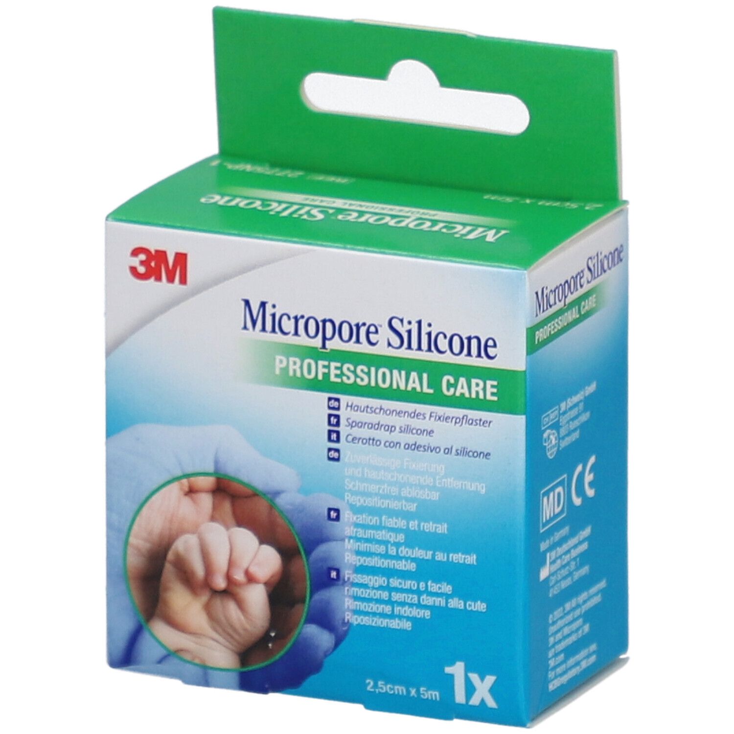 Verpackung von 3M Micropore Silicone. Grün-weiße Schachtel mit Produktinformationen und Logo. Größe: 2,5 cm x 5 m.