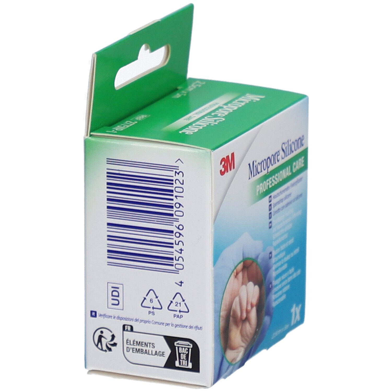 Seitenansicht der 3M Micropore Silicone Verpackung. Barcode, Recycling-Symbole und Produktinformationen. Grün-weiße Schachtel.