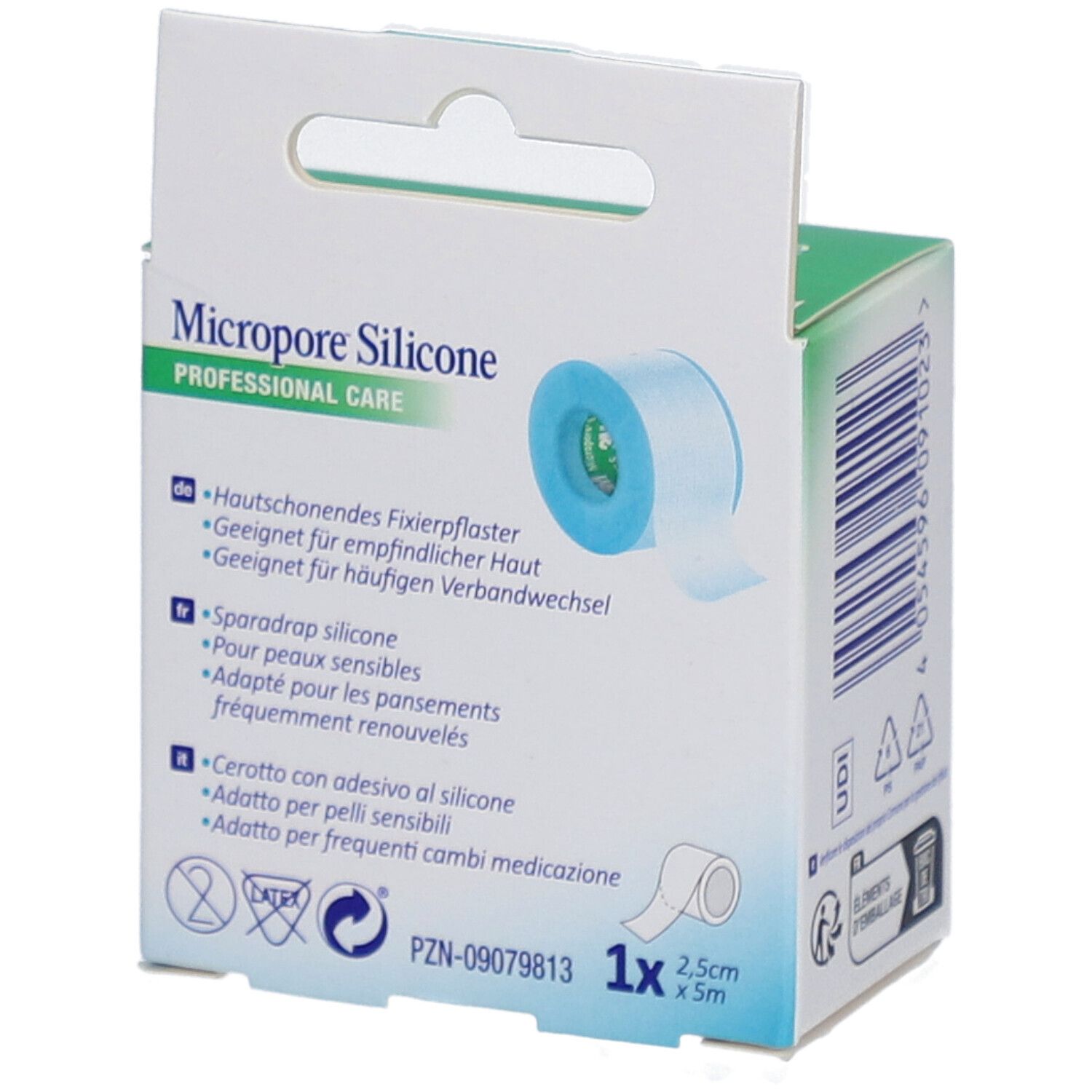 3M Micropore Silicone in geöffneter Verpackung. Rolle Klebeband sichtbar. Größe: 2,5 cm x 5 m. Grün-weiße Schachtel.