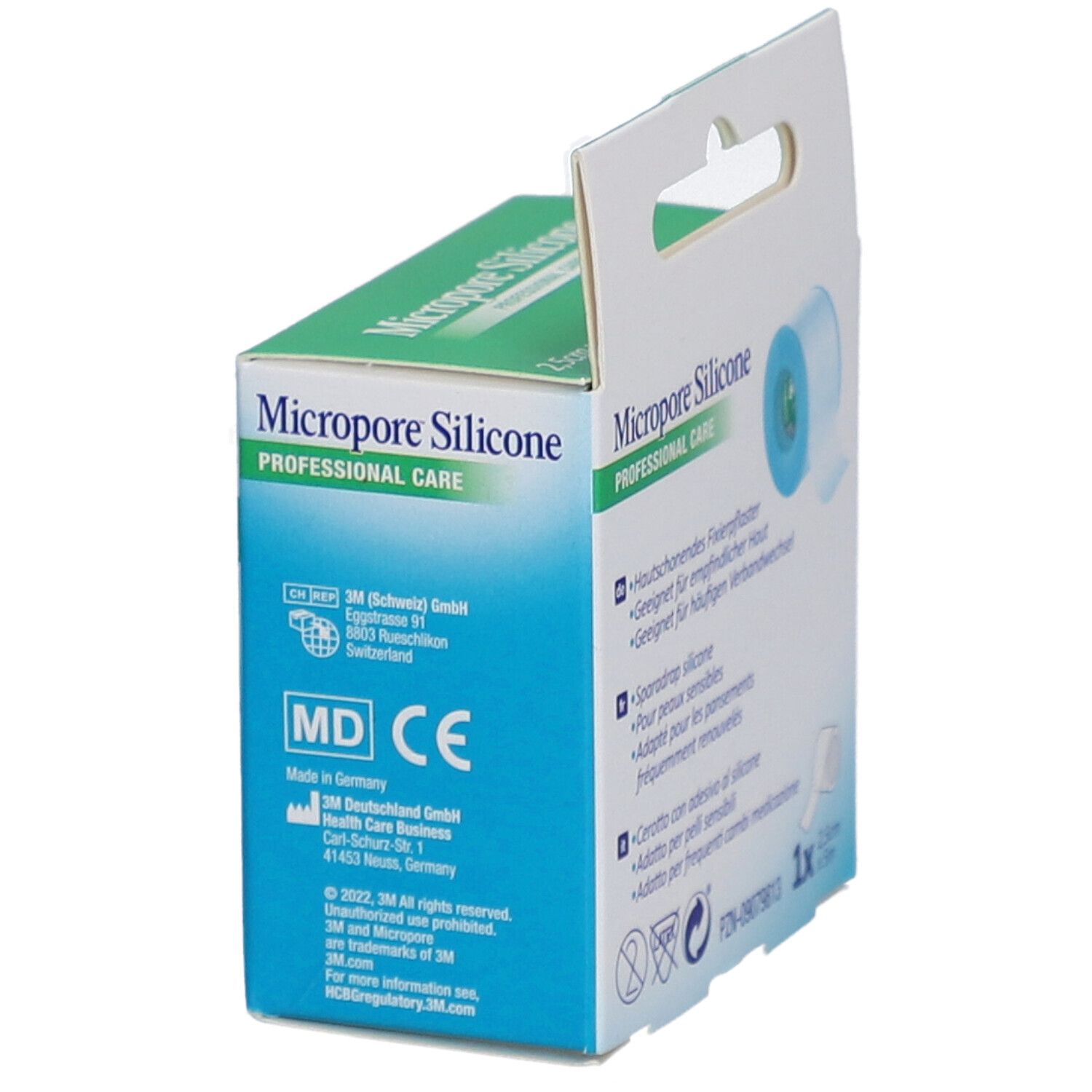 Rückseite der 3M Micropore Silicone Verpackung. Produktinformationen, Herstelleradresse und CE-Kennzeichnung. Grün-weiße Schachtel.