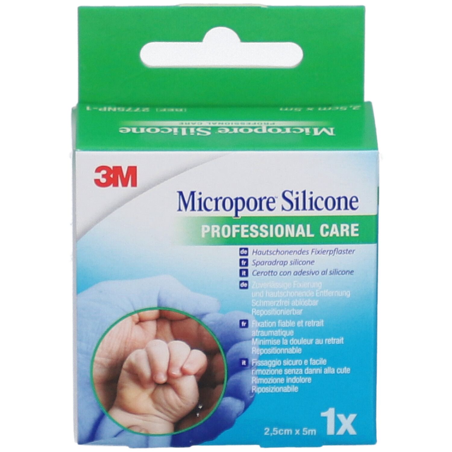3M Micropore Silicone Verpackung. Grün-weiße Schachtel mit Produktinformationen und Logo. Größe: 2,5 cm x 5 m. 1x Packung.