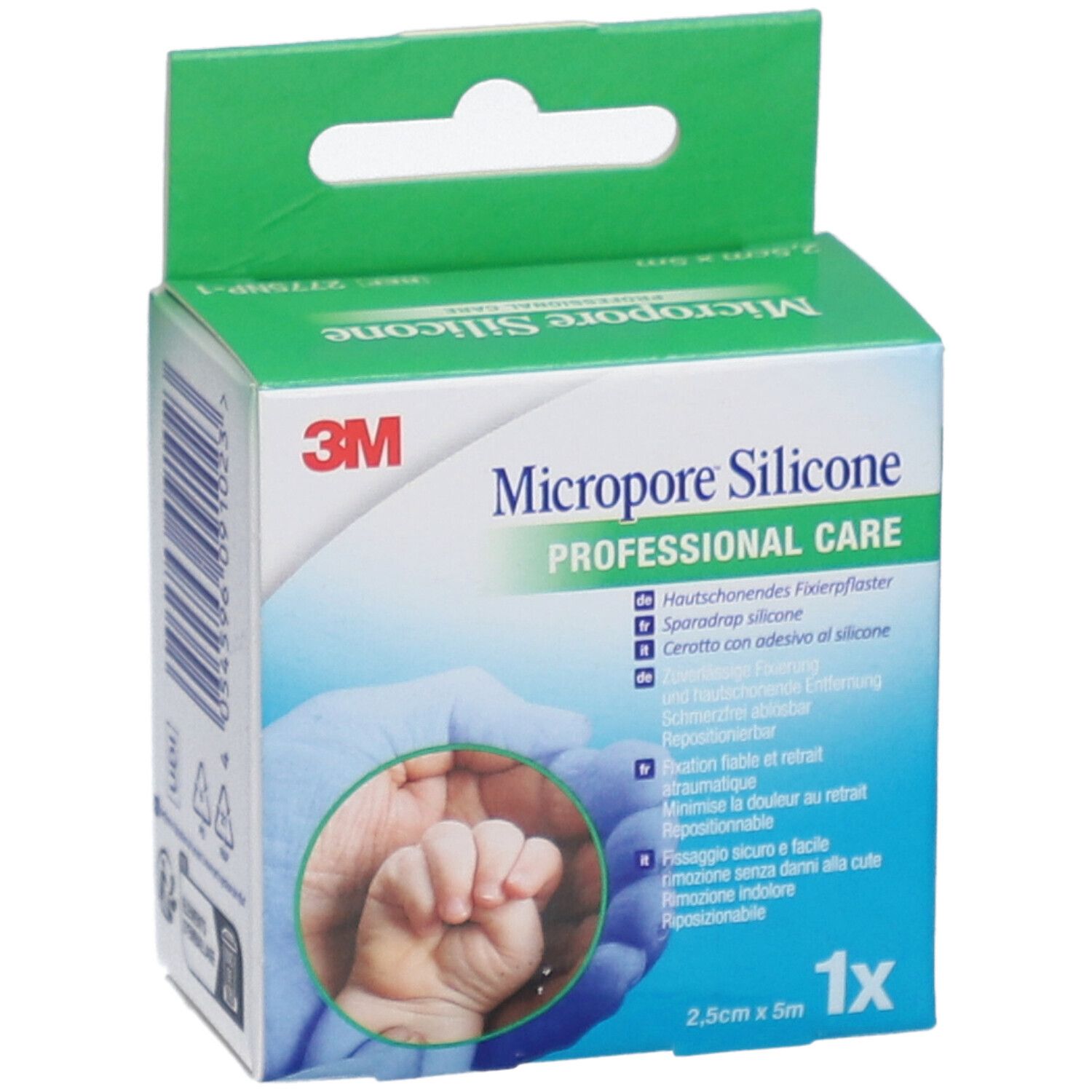 3M Micropore Silicone Verpackung. Grün-weiße Schachtel mit Produktinformationen und Logo. Größe: 2,5 cm x 5 m. 1x Packung.