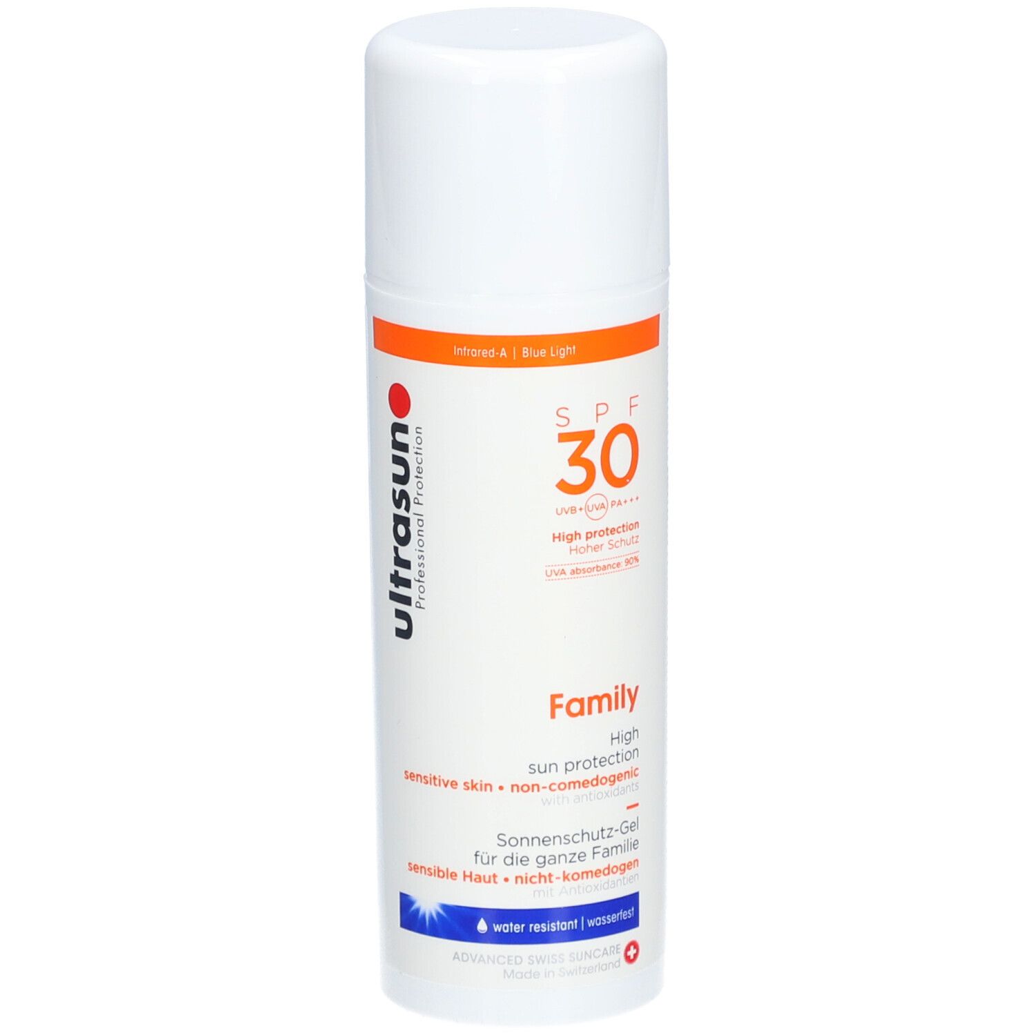 Gel solaire blanc avec accents orange. Inscription: SPF 30, Family, Sonnenschutz-Gel. Marque: ultrasun.