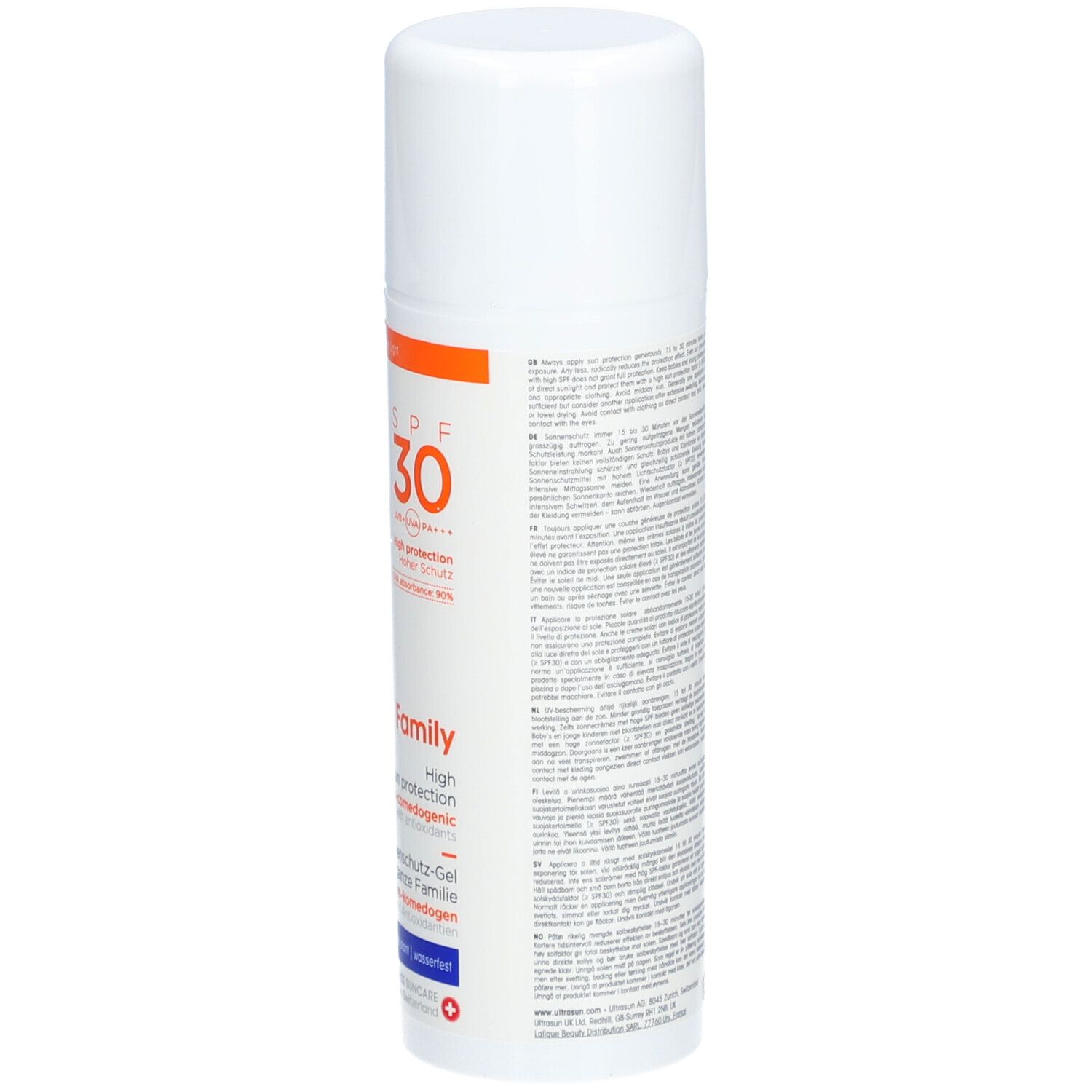 Gel solaire blanc avec texte et accents orange. Marque: ultrasun.