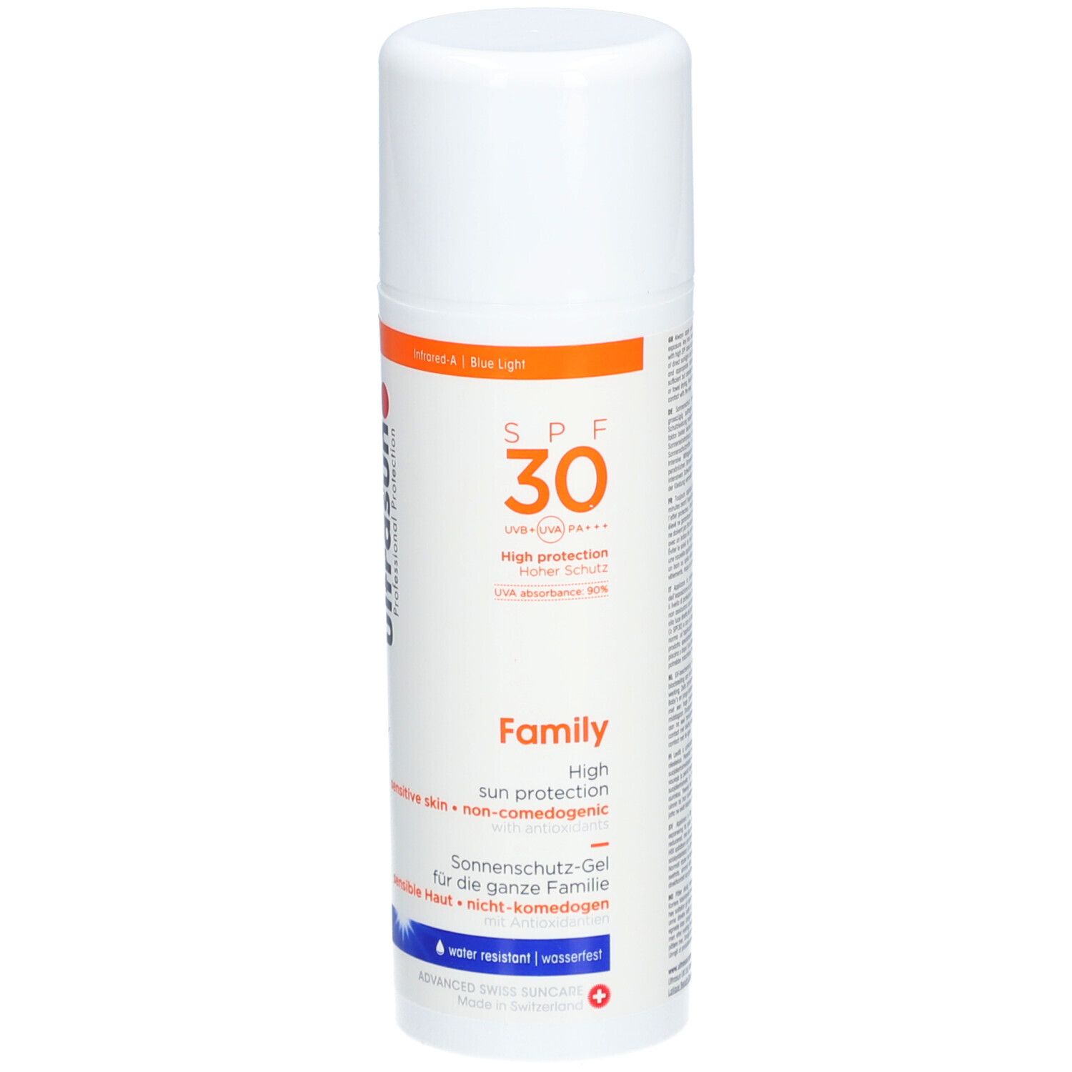 Gel solaire blanc avec texte et accents orange. Marque: ultrasun.