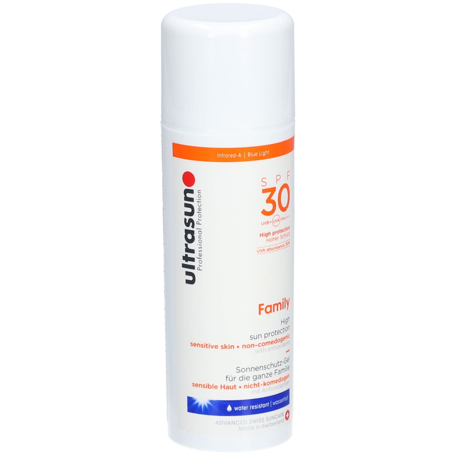 Gel solaire blanc avec texte et accents orange. Marque: ultrasun.