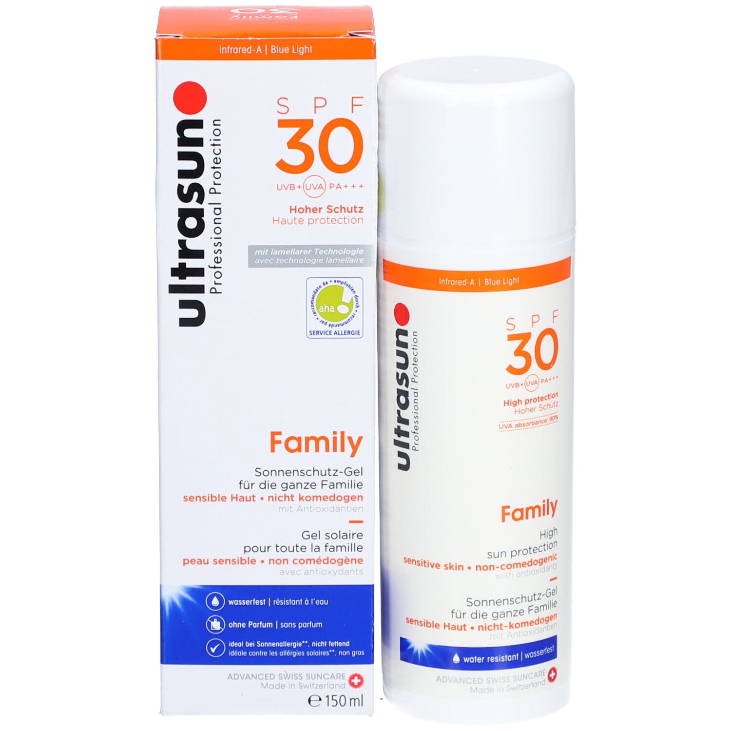 Gel solaire et emballage. Gel blanc avec accents orange. Inscription: SPF 30, Family. Marque: ultrasun.