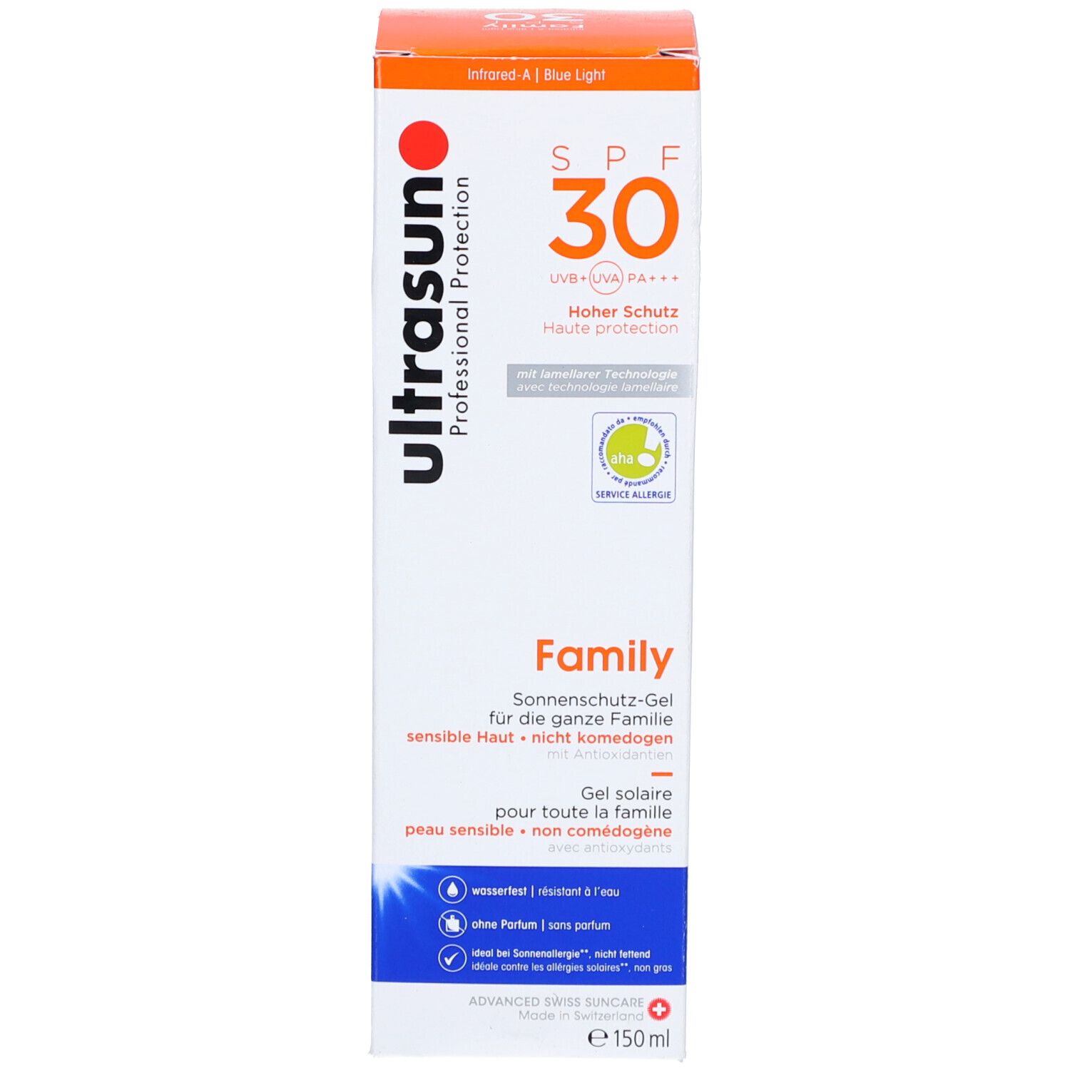 Emballage avec gel solaire. Inscription: SPF 30, Family. Marque: ultrasun.
