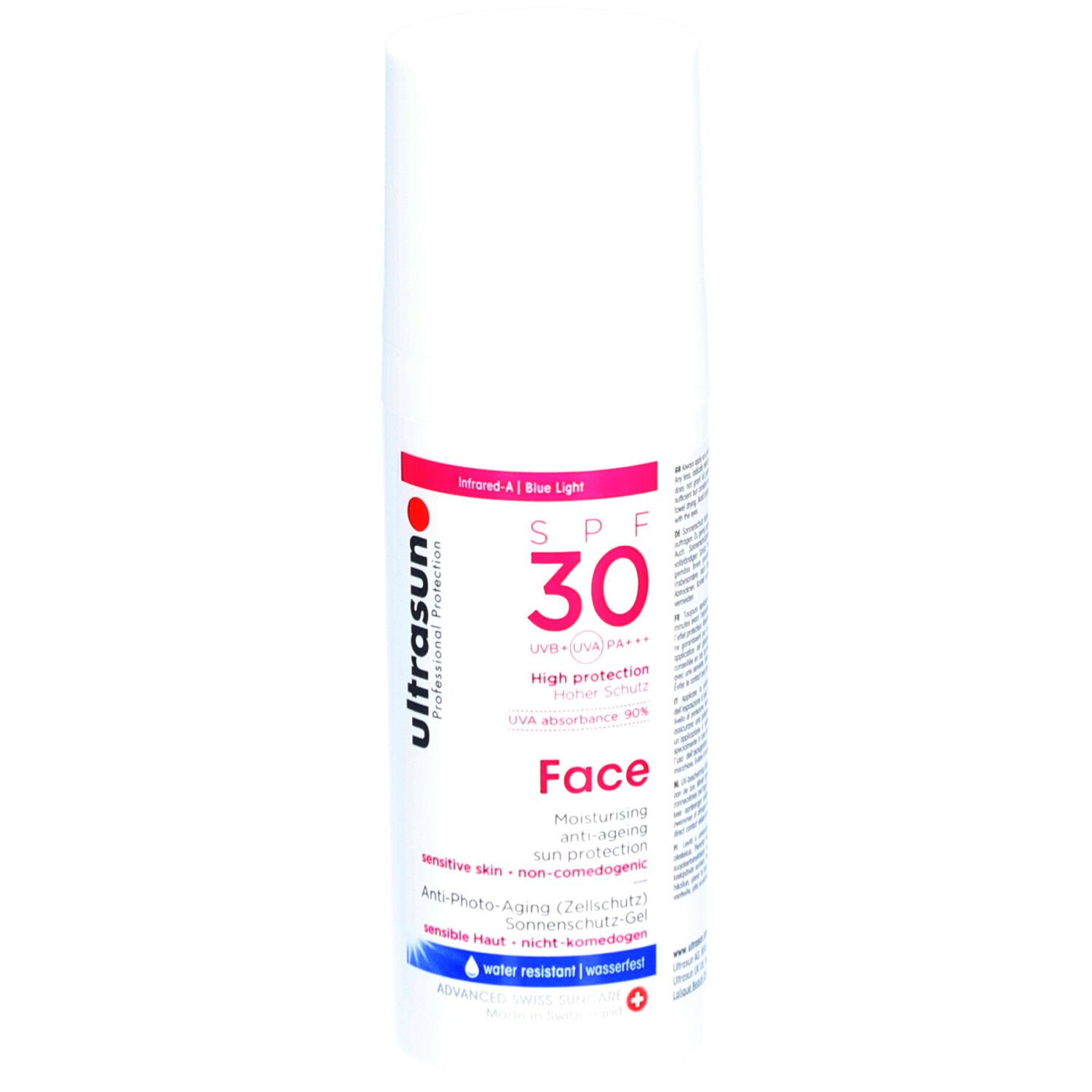 Weiße Tube mit roter und schwarzer Schrift. Aufschrift: SPF 30, Face, Ultrasun. Enthält Sonnenschutz.