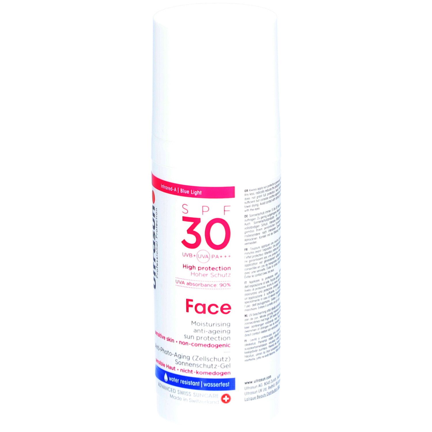 Weiße Tube mit roter und schwarzer Schrift. Aufschrift: SPF 30, Face, Ultrasun. Enthält Sonnenschutz.