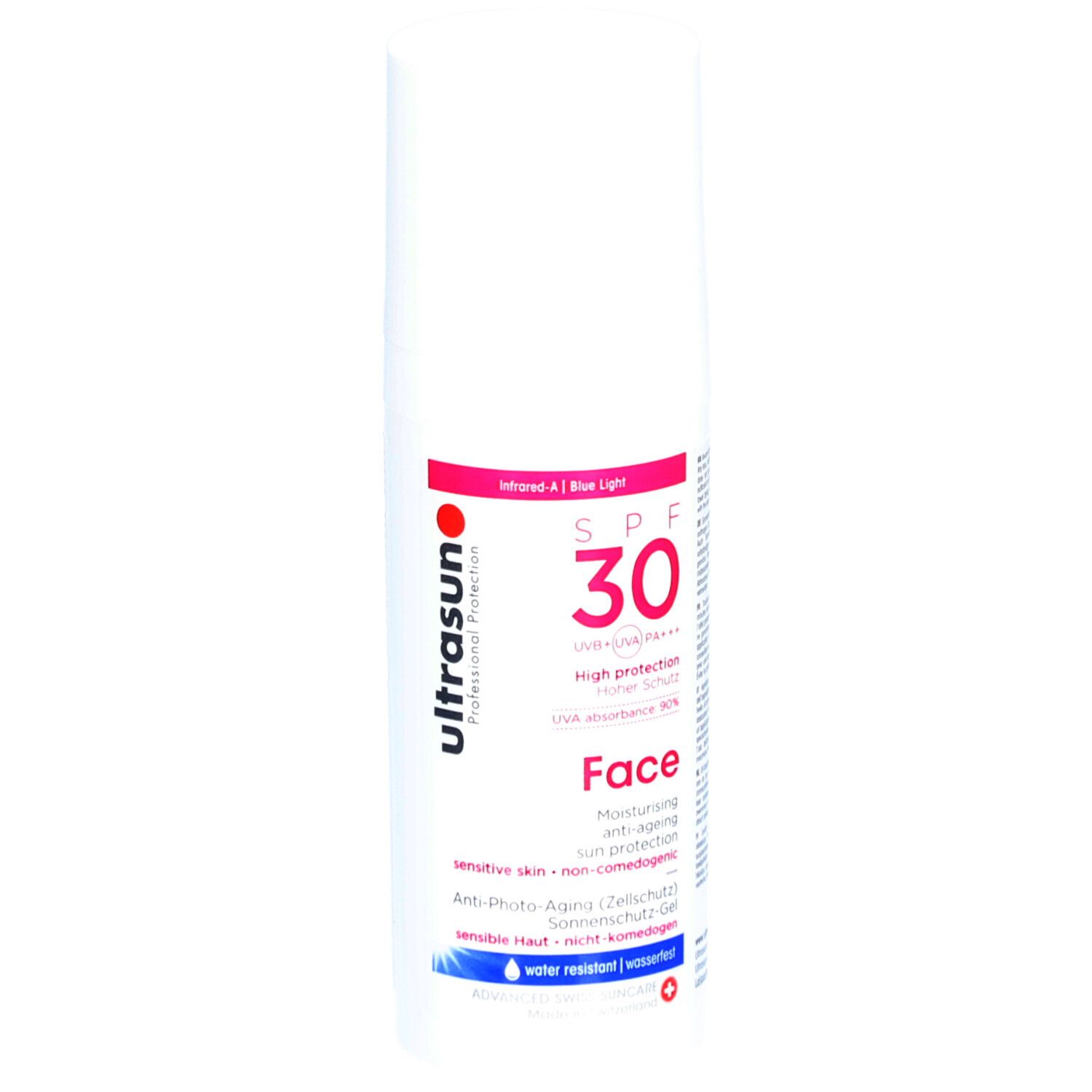 Weiße Tube mit roter und schwarzer Schrift. Aufschrift: SPF 30, Face, Ultrasun. Enthält Sonnenschutz.