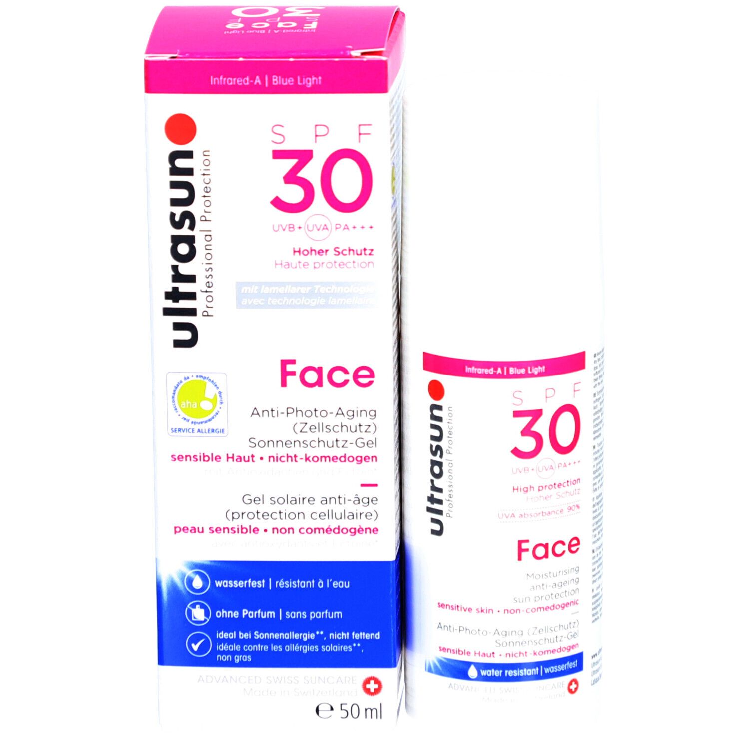 Produktverpackung mit Tube und Schachtel. Aufschrift: SPF 30, Face, Ultrasun. Enthält 50ml.