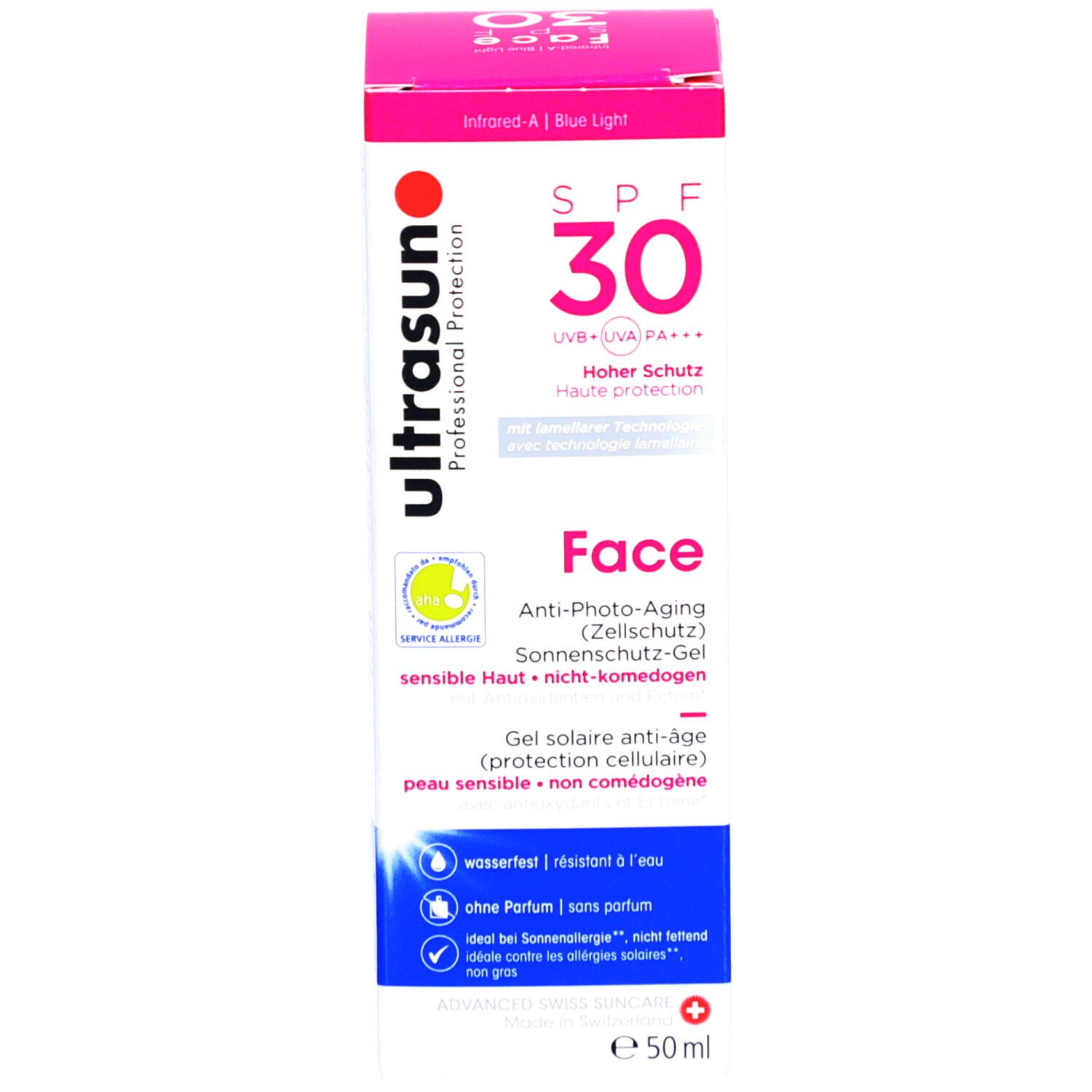 Produktverpackung mit Tube und Schachtel. Aufschrift: SPF 30, Face, Ultrasun. Enthält 50ml.