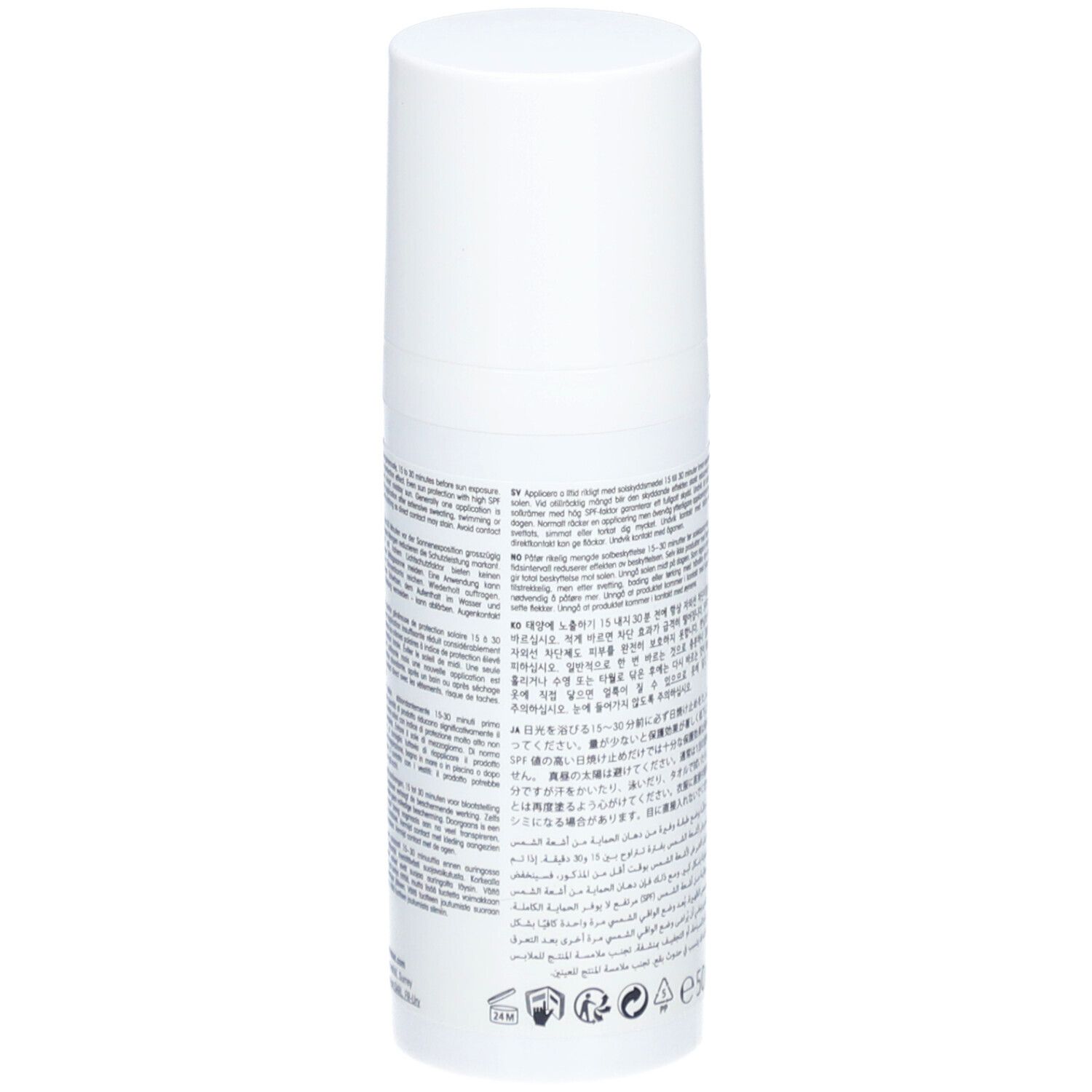 Weiße Flasche, Rückseite. Mehrsprachiger Text. Symbole und Logos. Schweizer Kreuz.