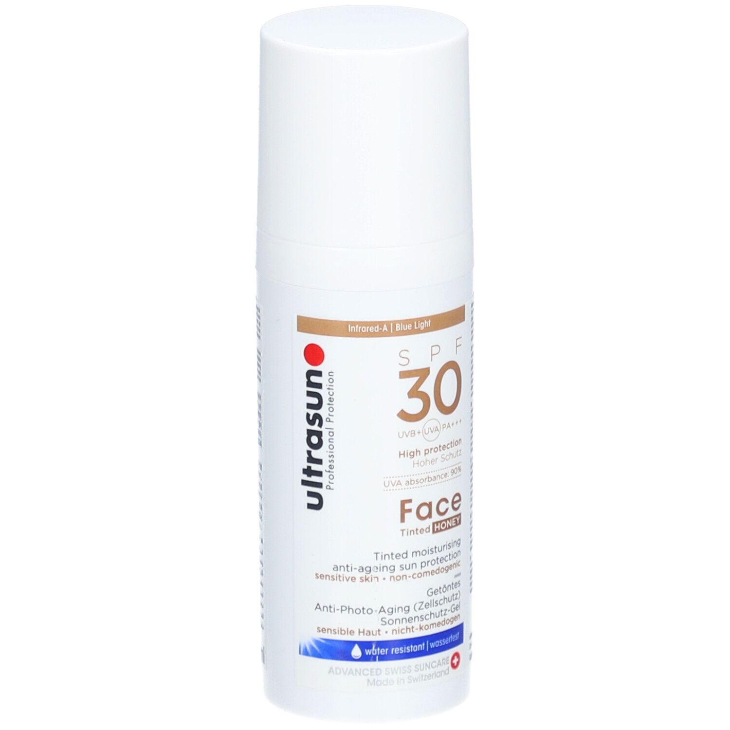 Weiße Flasche mit braunem Deckel. Aufschrift: ultrasun, SPF 30, Face Tinted Honey. Schweizer Kreuz.