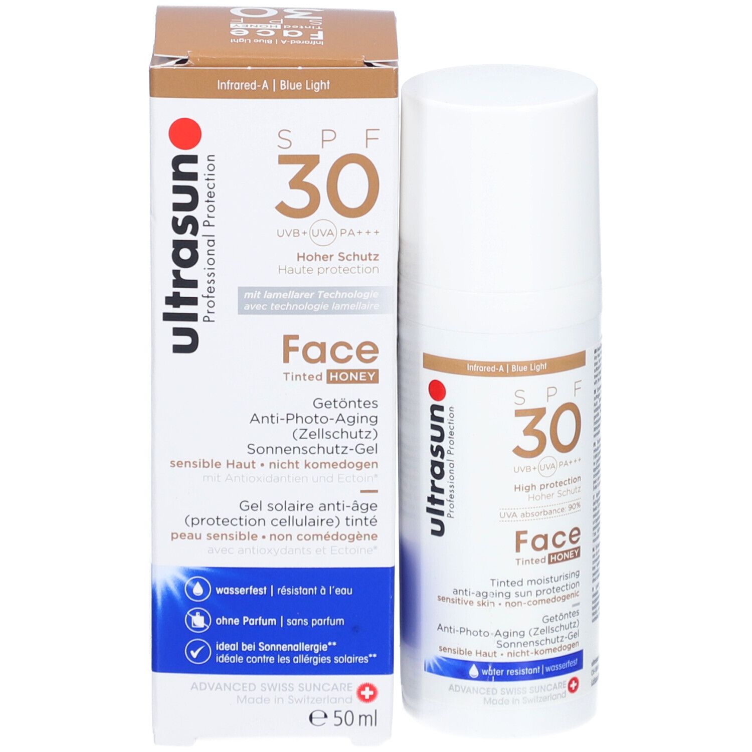 Produktverpackung mit Flasche. Aufschrift: ultrasun, SPF 30, Face Tinted Honey. Schweizer Kreuz. e50ml.