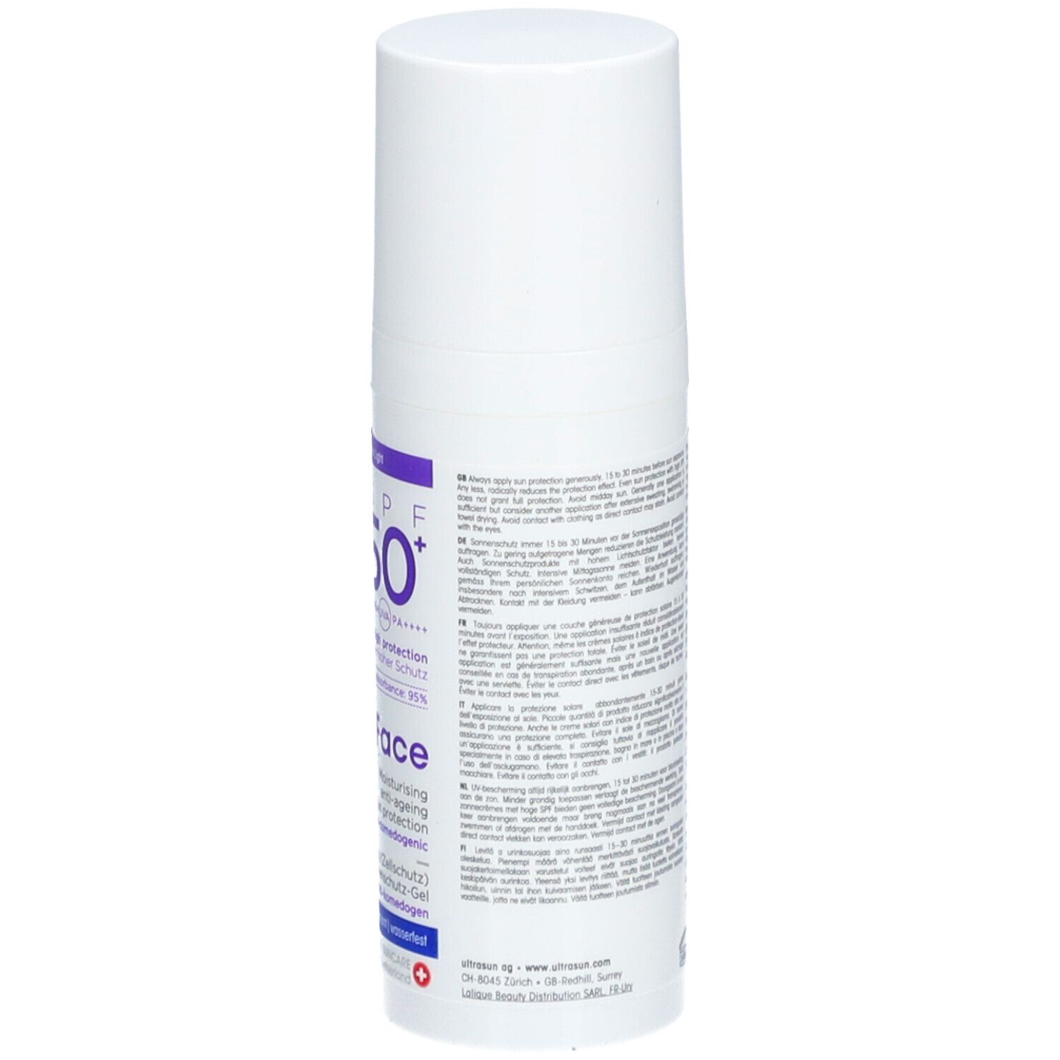 Flacon blanc avec texte. Inscription: SPF 50+, Face, Ultrasun. Informations en plusieurs langues.