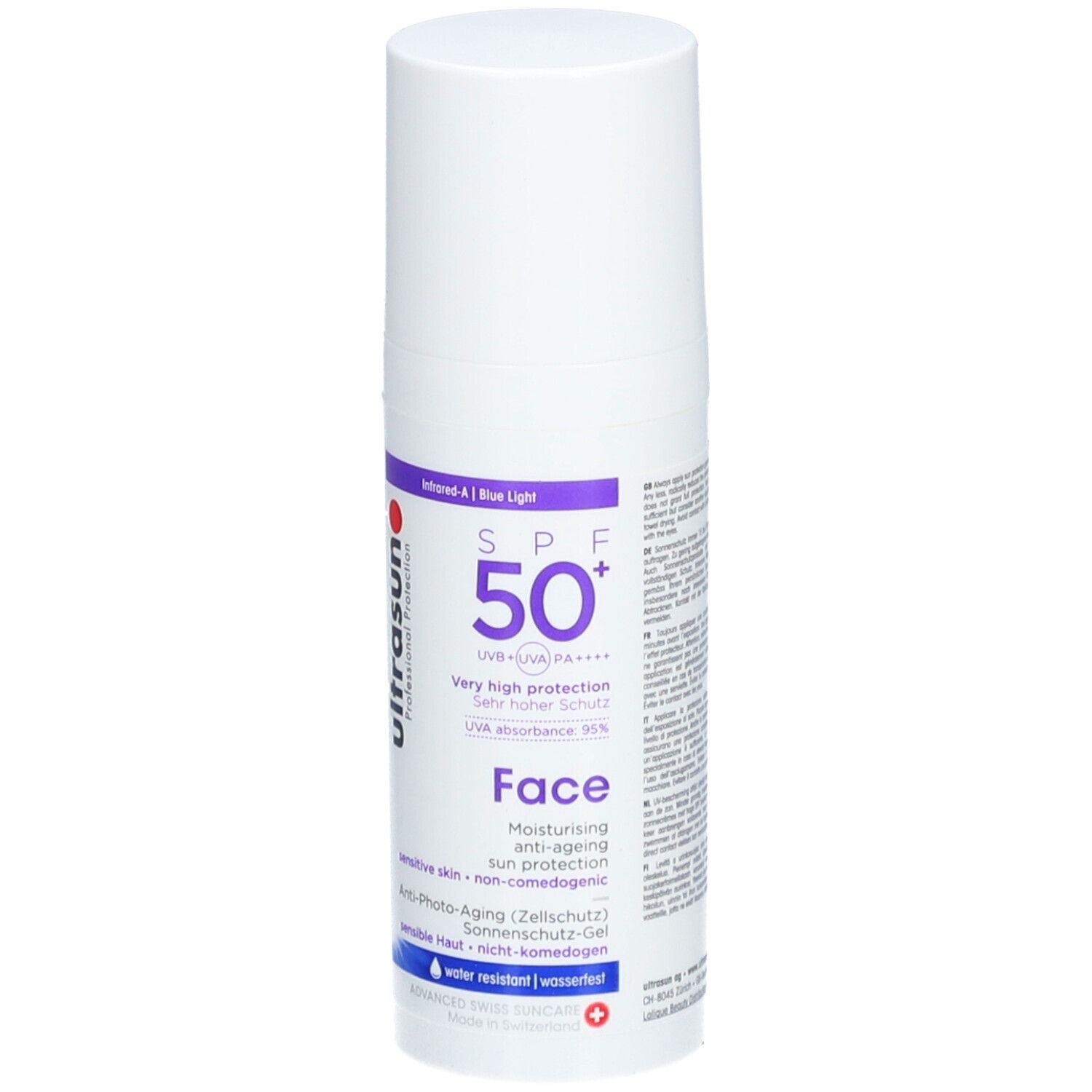Flacon blanc avec accents violets. Inscription: SPF 50+, Face, Ultrasun. Pour peaux sensibles. Résistant à l'eau.