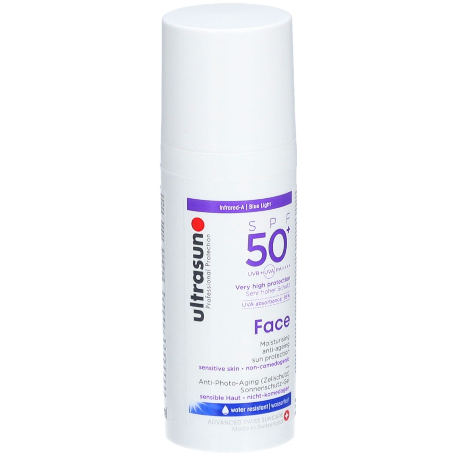 Flacon blanc avec accents violets. Inscription: SPF 50+, Face, Ultrasun. Pour peaux sensibles. Résistant à l'eau.