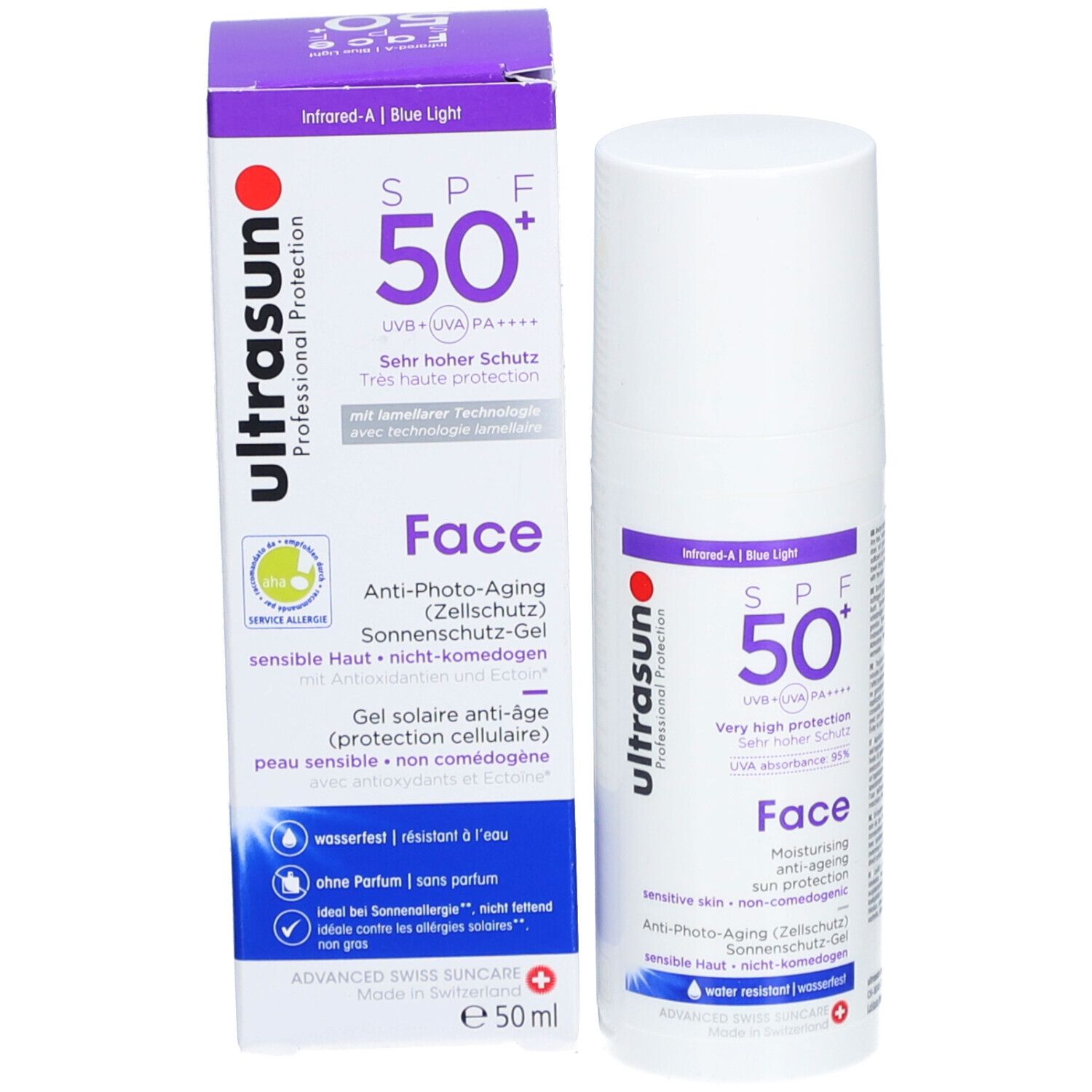 Produit et emballage. Flacon blanc et boîte violette. Inscription: SPF 50+, Face, Ultrasun. Pour peaux sensibles.