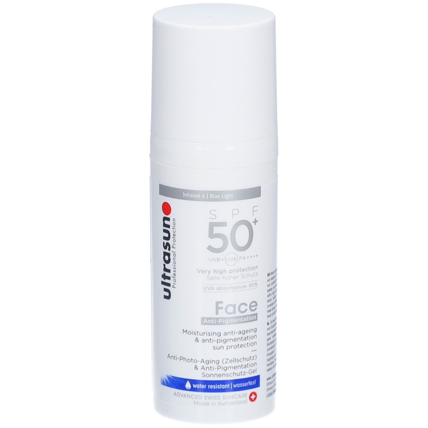 Weiße Flasche mit rotem und schwarzem Text. Aufschrift: Ultrasun, SPF 50+, Face, Anti-Photo-Aging, wasserfest.