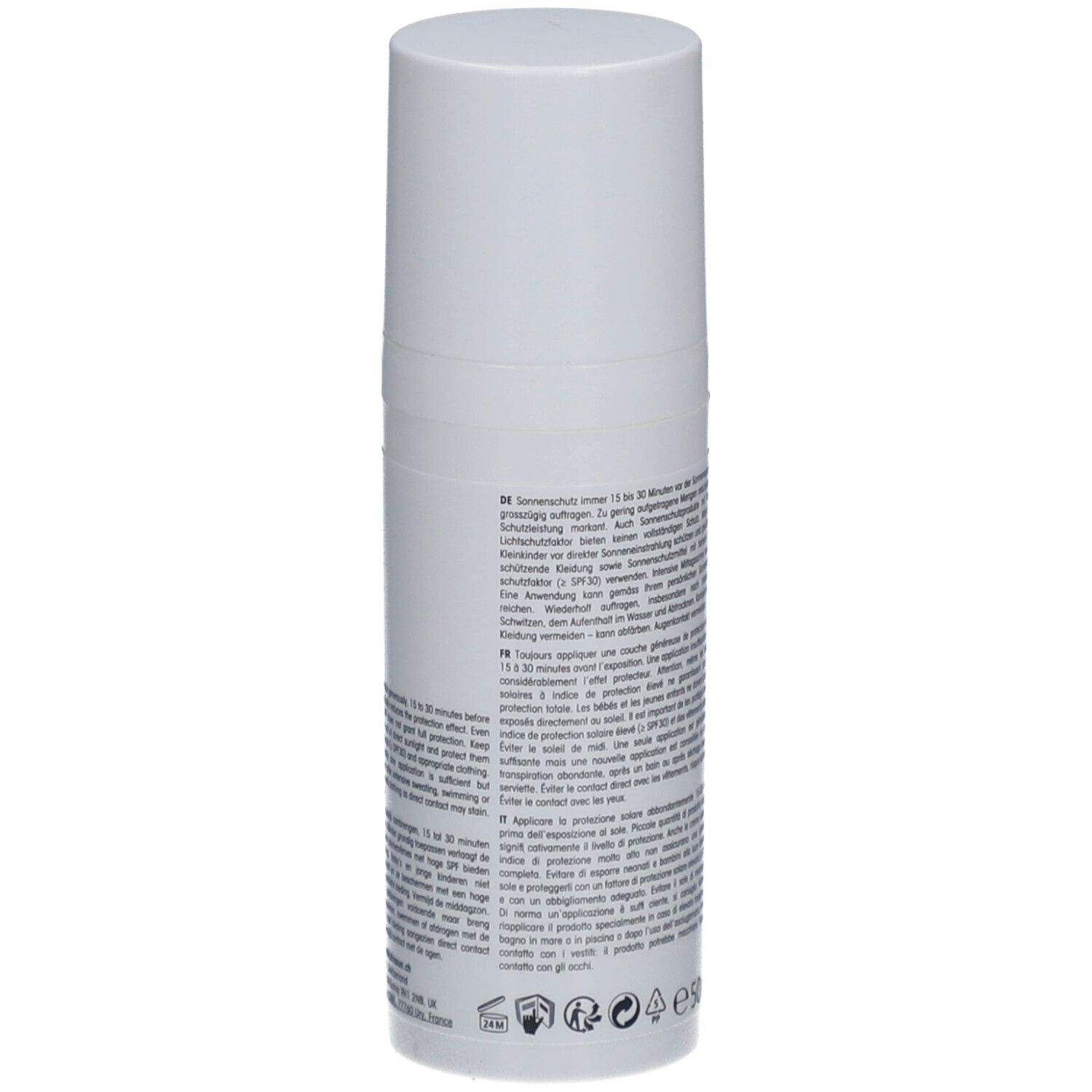 Rückseite einer weißen Flasche mit Text. Aufschrift: Informationen zur Anwendung und Inhaltsstoffe. Unten: 50ml.
