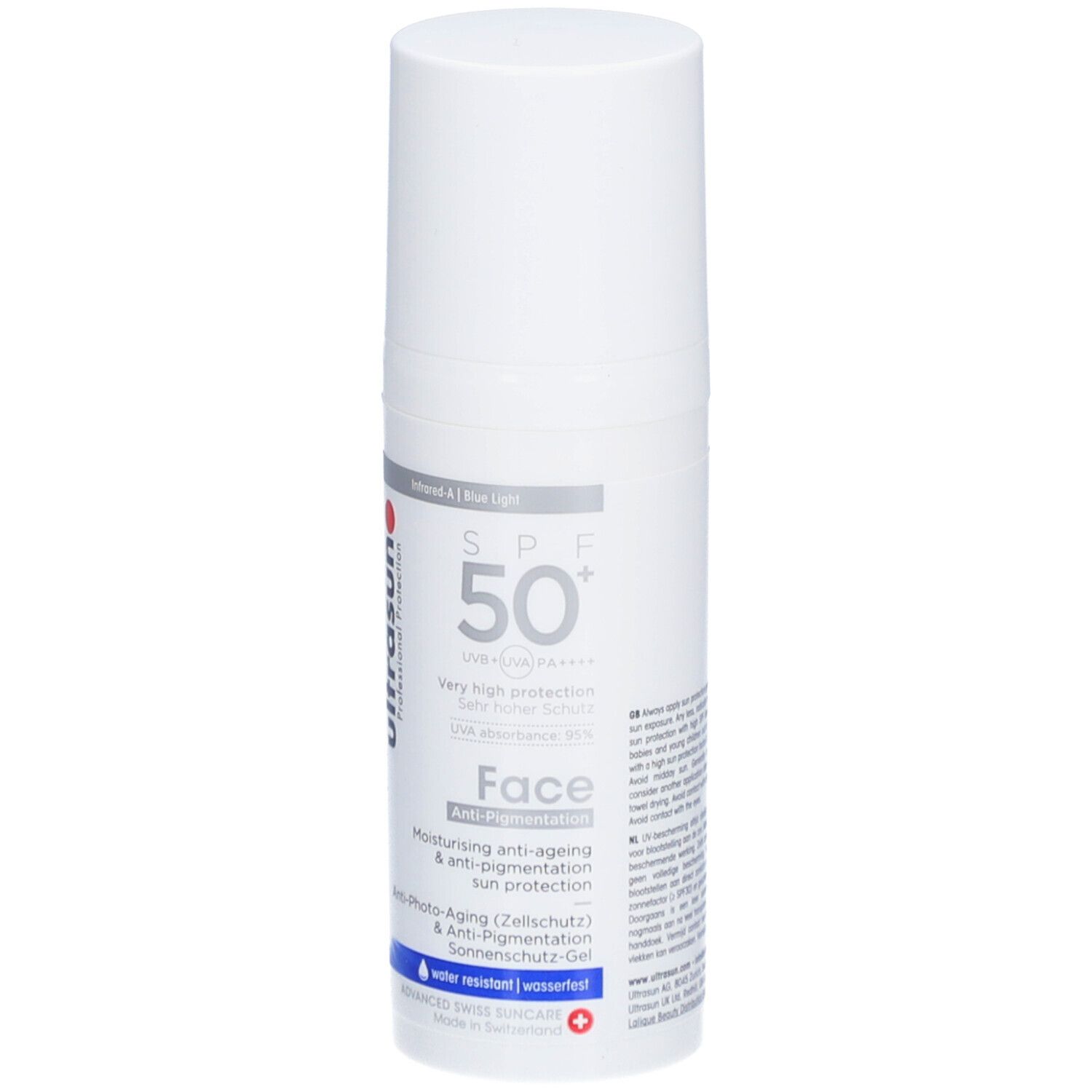 Weiße Flasche mit rotem und schwarzem Text. Aufschrift: Ultrasun, SPF 50+, Face, Anti-Photo-Aging, wasserfest.