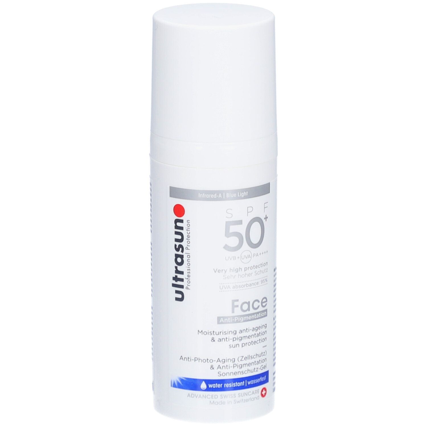 Weiße Flasche mit rotem und schwarzem Text. Aufschrift: Ultrasun, SPF 50+, Face, Anti-Photo-Aging, wasserfest.