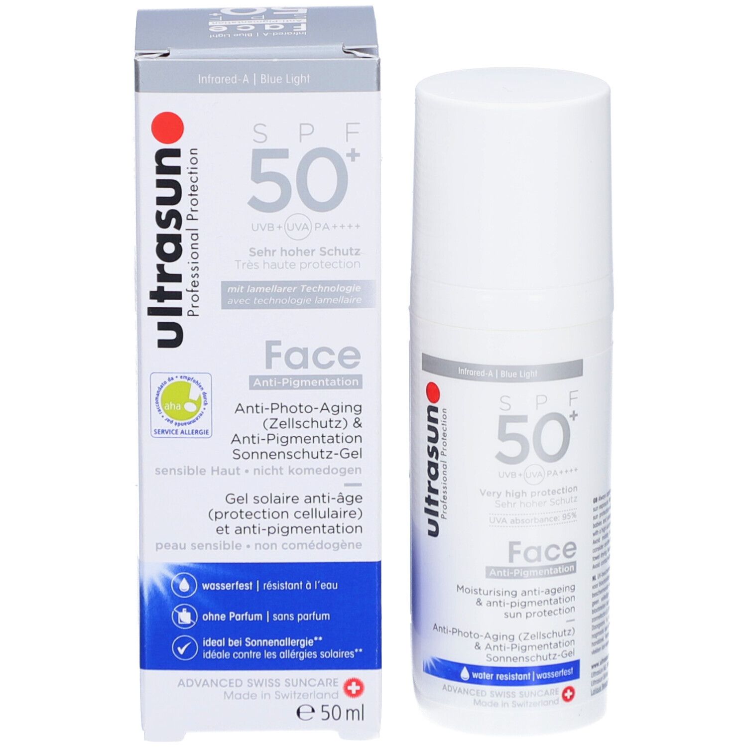 Produkt und Verpackung. Weiße Flasche und Karton mit rotem und schwarzem Text. Aufschrift: Ultrasun, SPF 50+, Face, Anti-Photo-Aging, wasserfest.