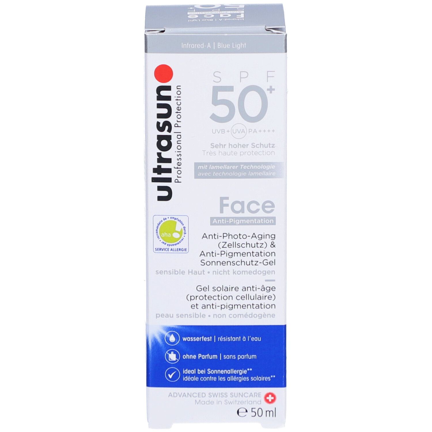 Karton mit rotem und schwarzem Text. Aufschrift: Ultrasun, SPF 50+, Face, Anti-Photo-Aging, wasserfest. Unten: 50ml.