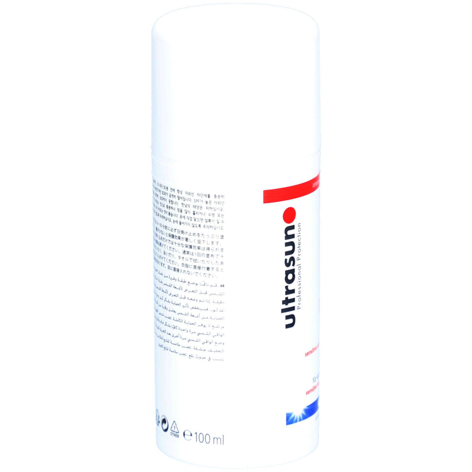 Weiße Flasche mit Text in verschiedenen Sprachen. Marke ultrasun. Volumen 100 ml.