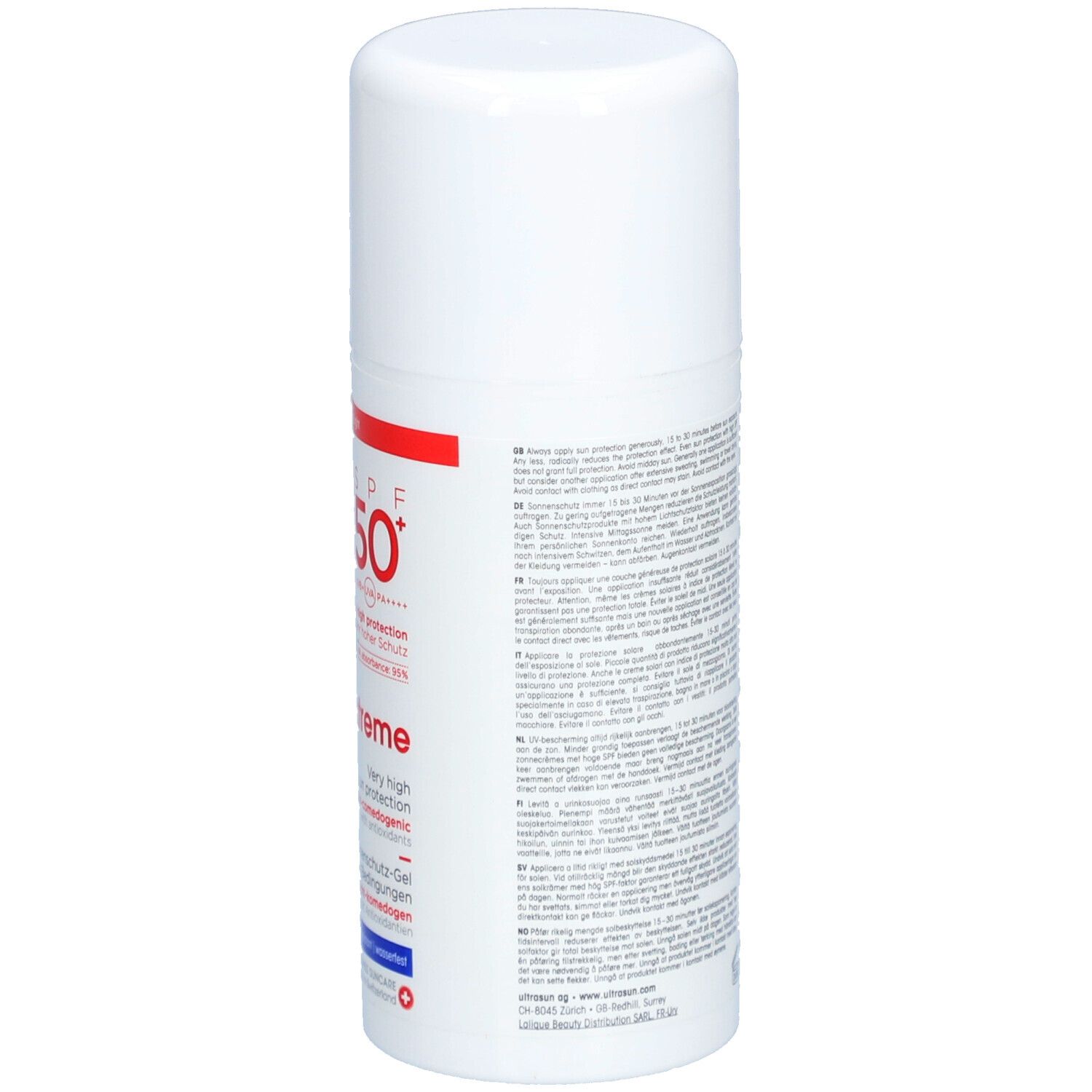 Weiße Flasche mit Text in verschiedenen Sprachen. Marke ultrasun. Volumen 100 ml.