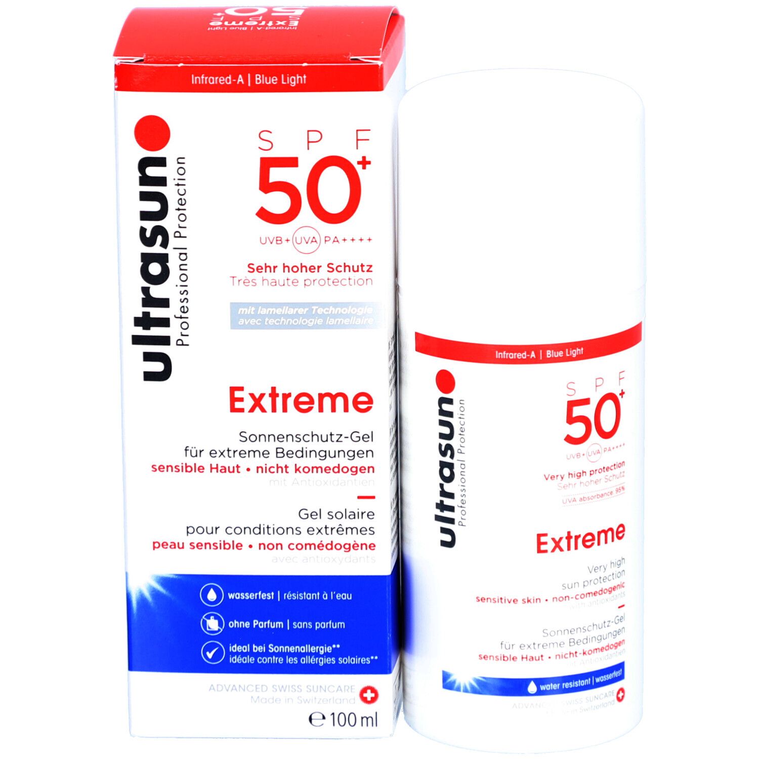 Produktverpackung mit Flasche und Karton. SPF 50+ und Extreme-Aufdruck. Volumen 100 ml.