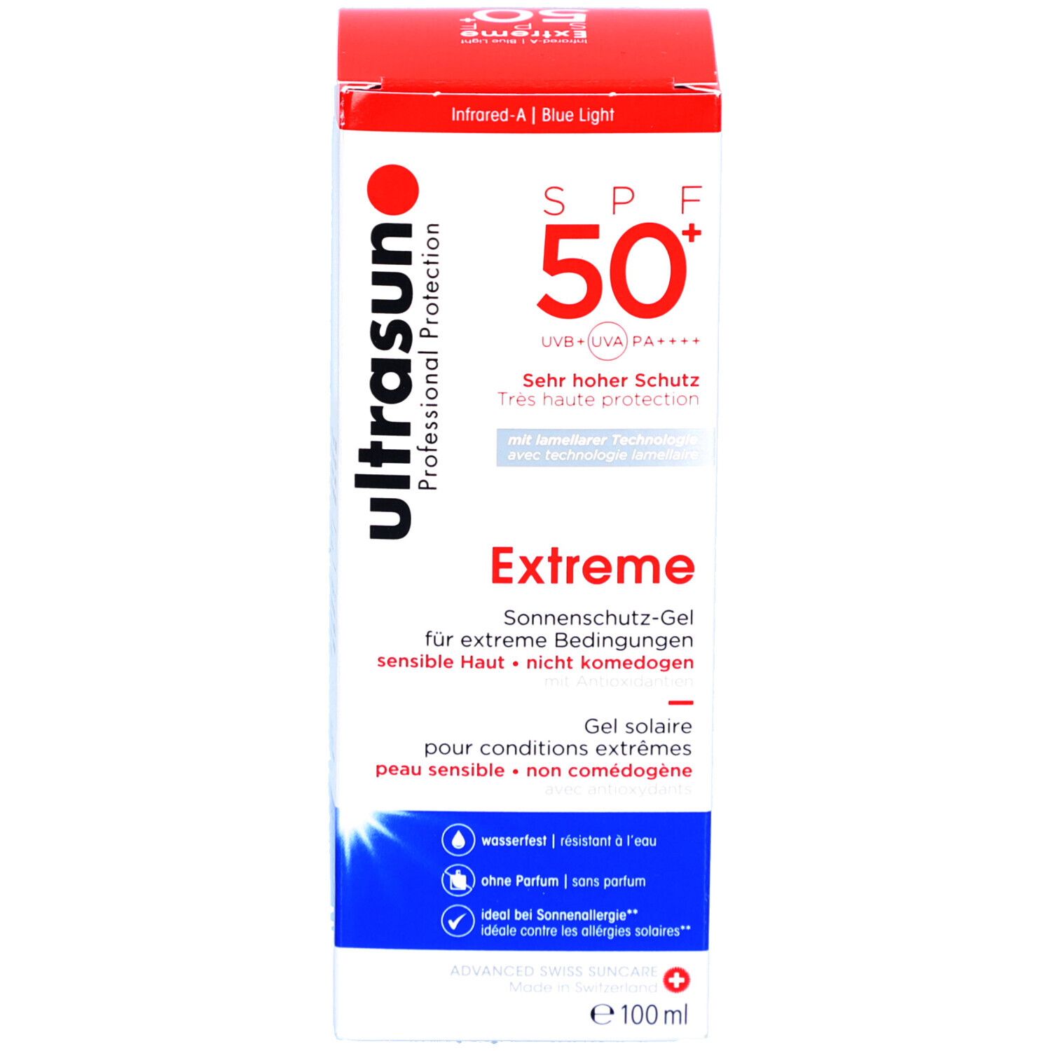 Produktverpackung mit Karton. SPF 50+ und Extreme-Aufdruck. Volumen 100 ml.