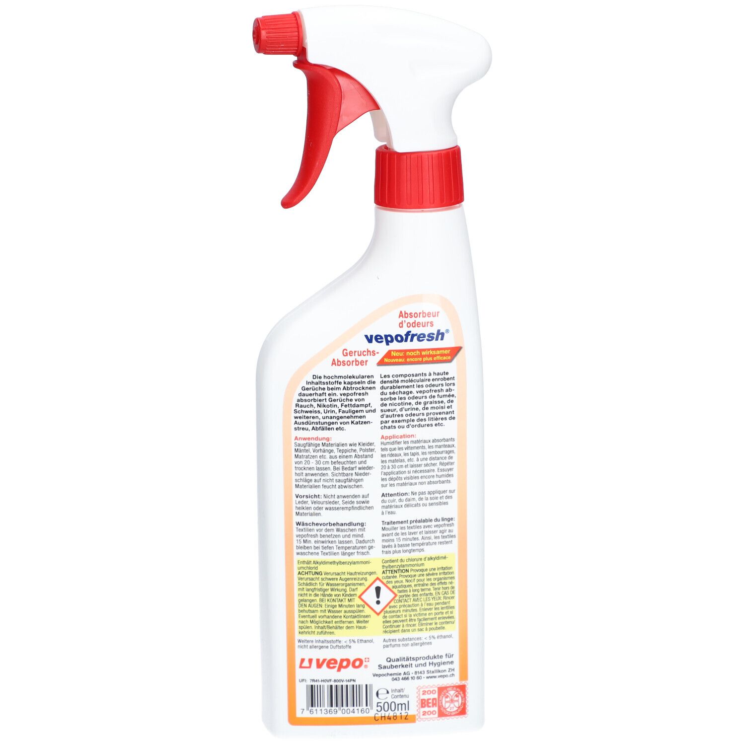 Dos d'un flacon pulvérisateur blanc avec tête rouge. Étiquette avec texte et avertissements. Absorbeur d'odeurs.