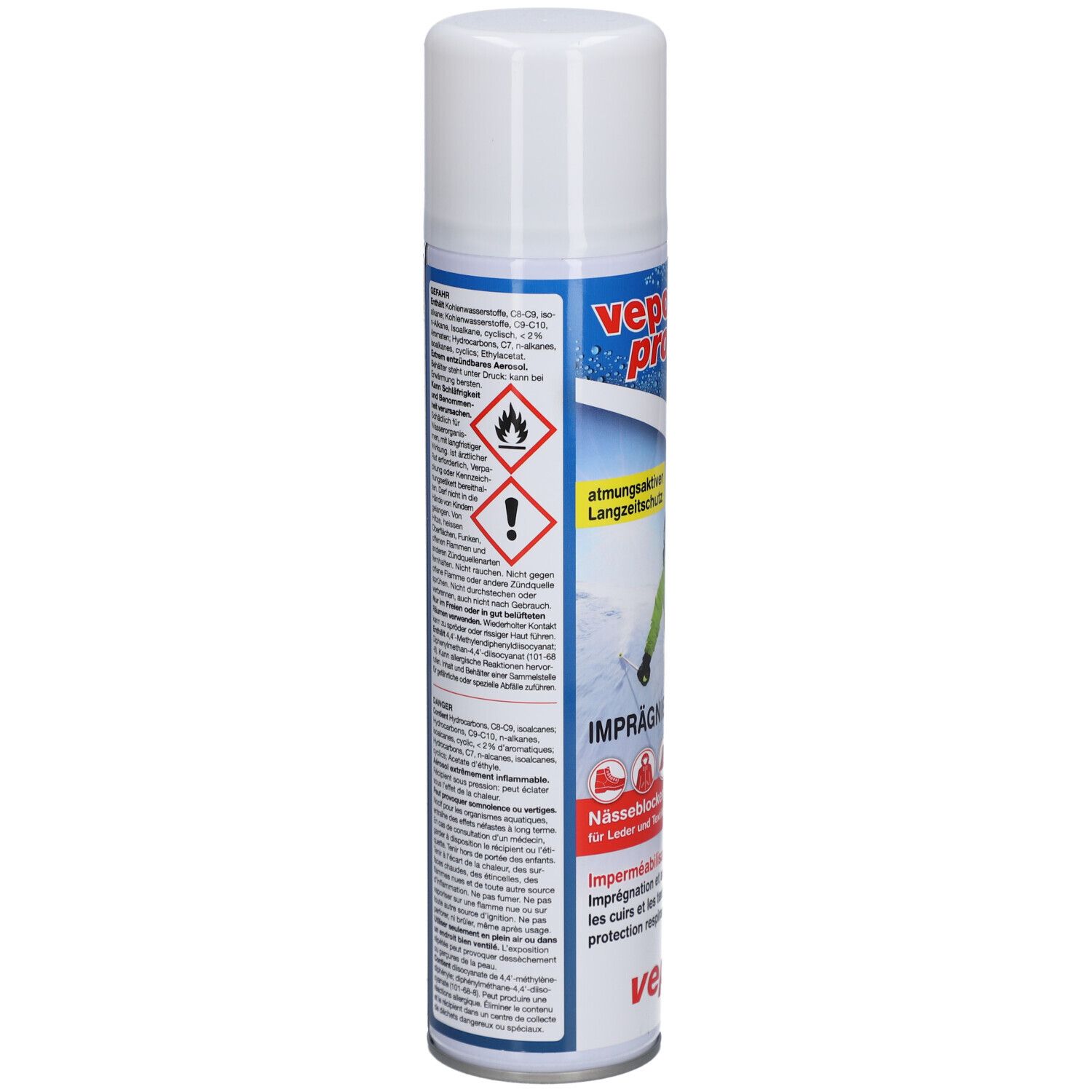 Rückseite der VEPOPROTECT Spraydose mit Warnsymbolen und Anwendungshinweisen.