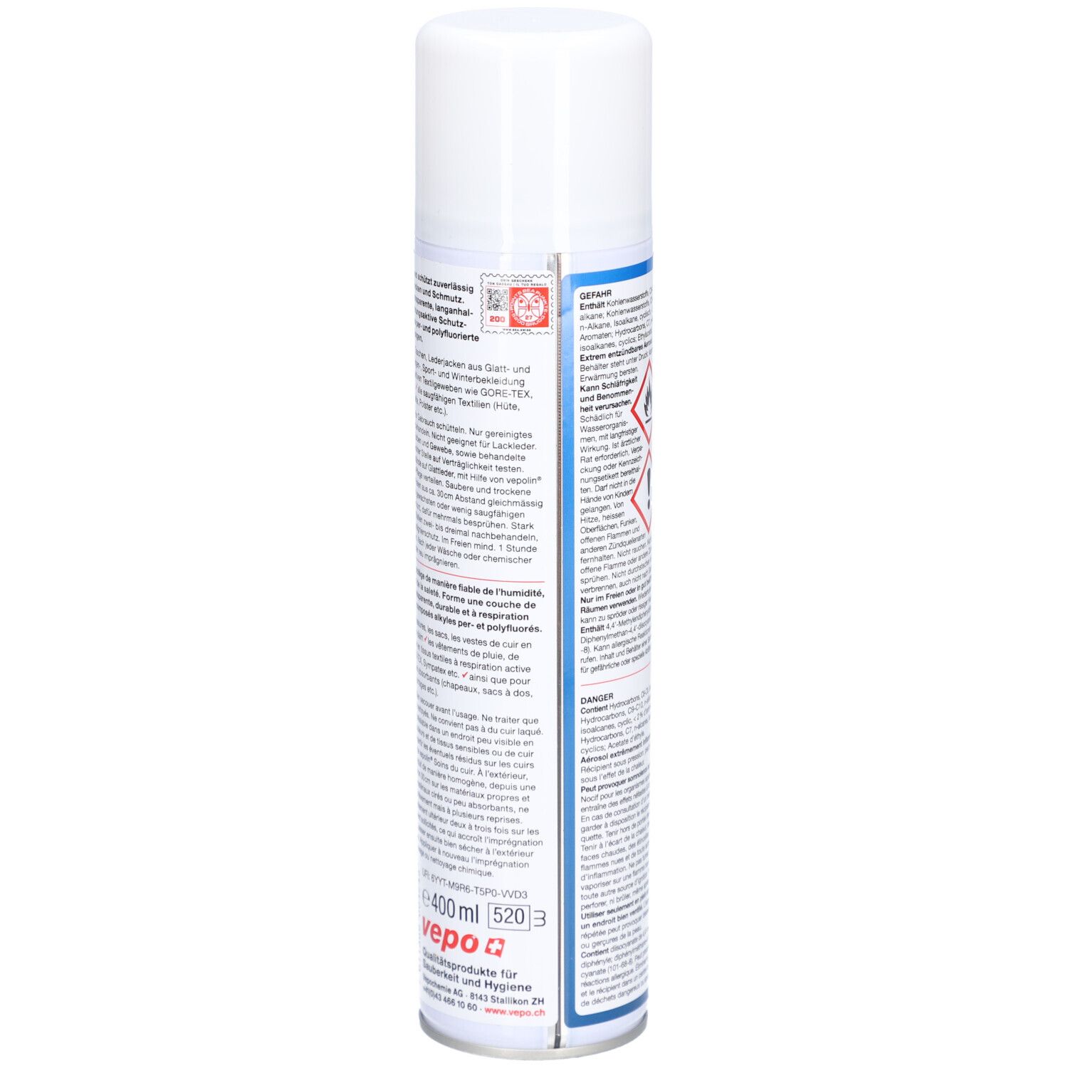 Seitenansicht der VEPOPROTECT Spraydose mit Detailinformationen und Warnhinweisen.