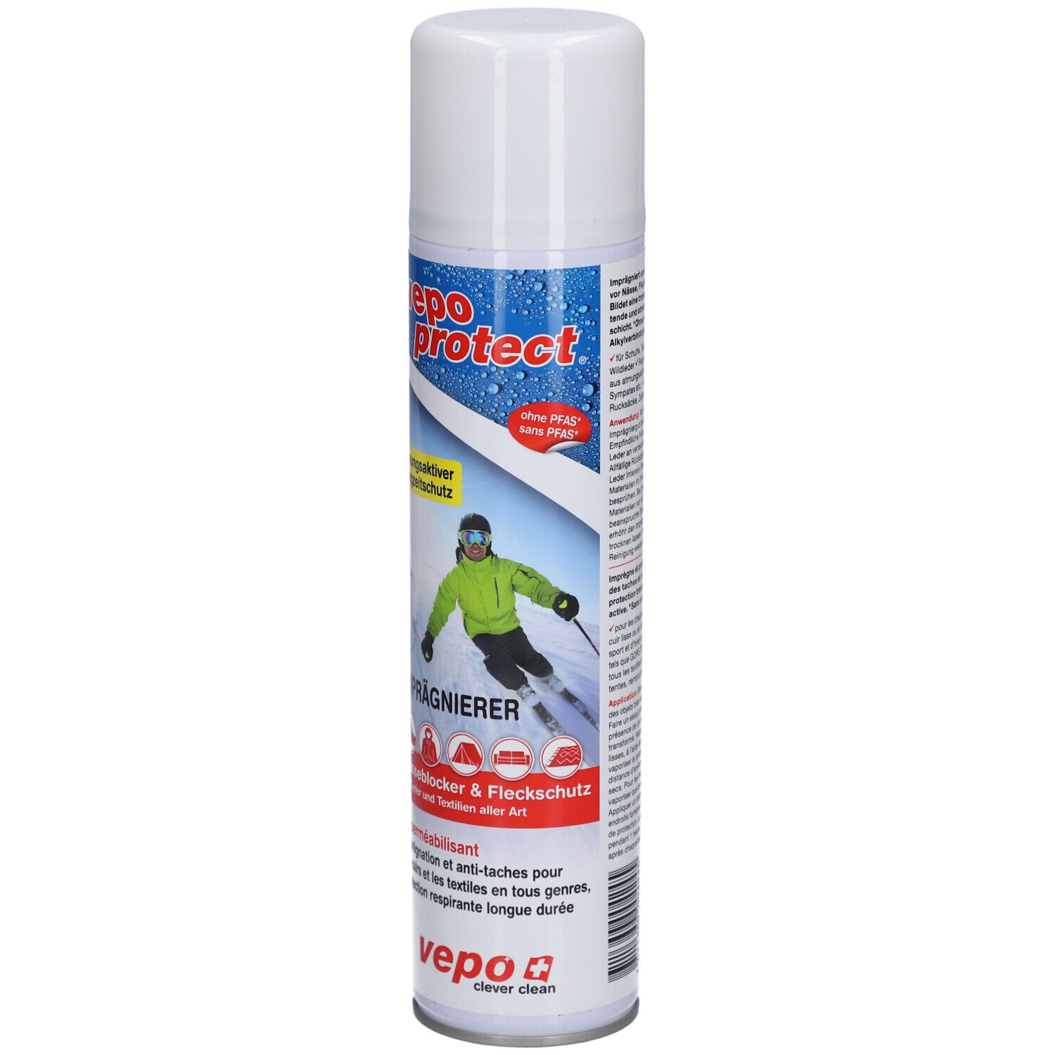 VEPOPROTECT Spraydose mit Imprägnierspray für Leder und Textilien. Zeigt Skifahrer im Schnee.