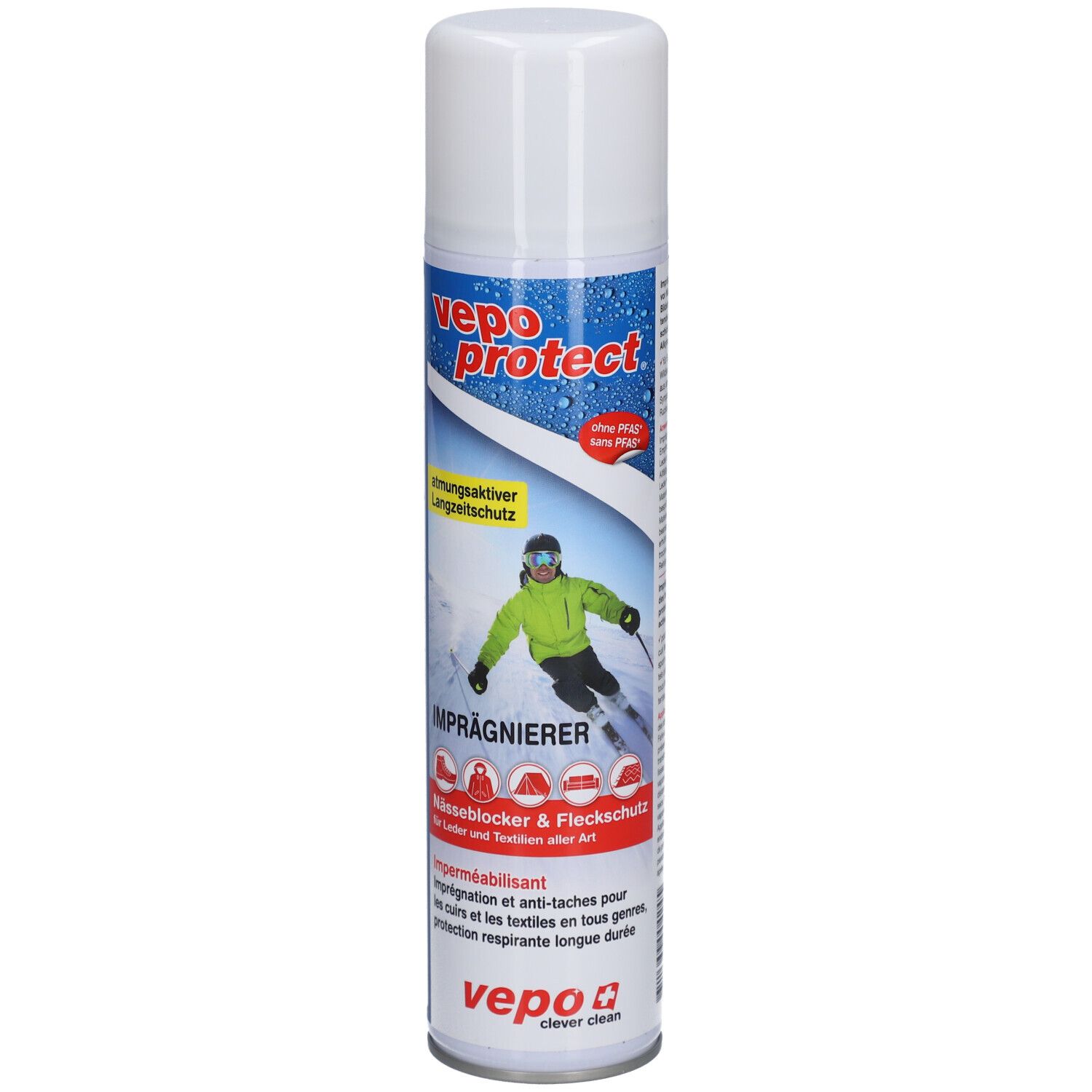 VEPOPROTECT Spraydose mit Imprägnierspray für Leder und Textilien. Zeigt Skifahrer im Schnee.