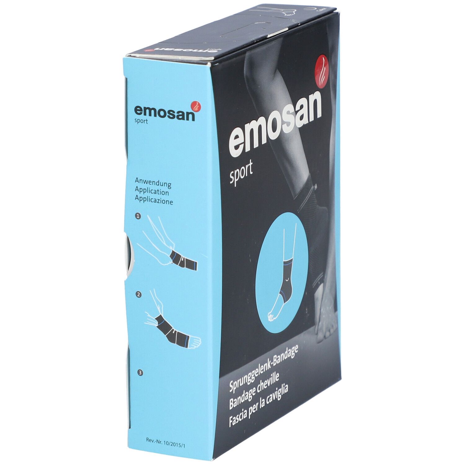 Verpackung der Emosan Sport Bandage Cheville Taille XL. Blau-schwarze Box mit Produktabbildung und Schriftzug.