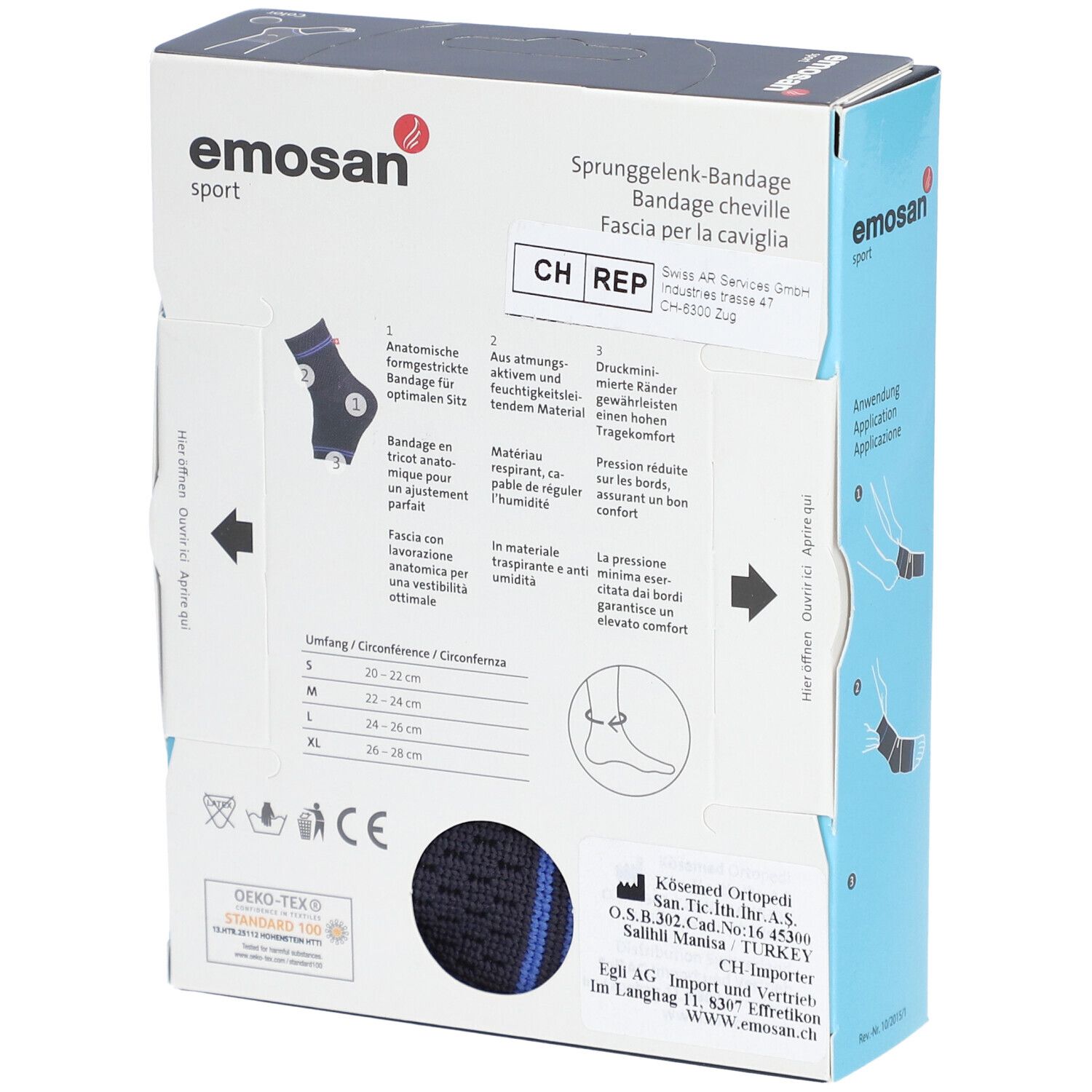 Rückseite der Emosan Sport Bandage Cheville Taille XL Verpackung. Informationen zur Anwendung und Größentabelle.
