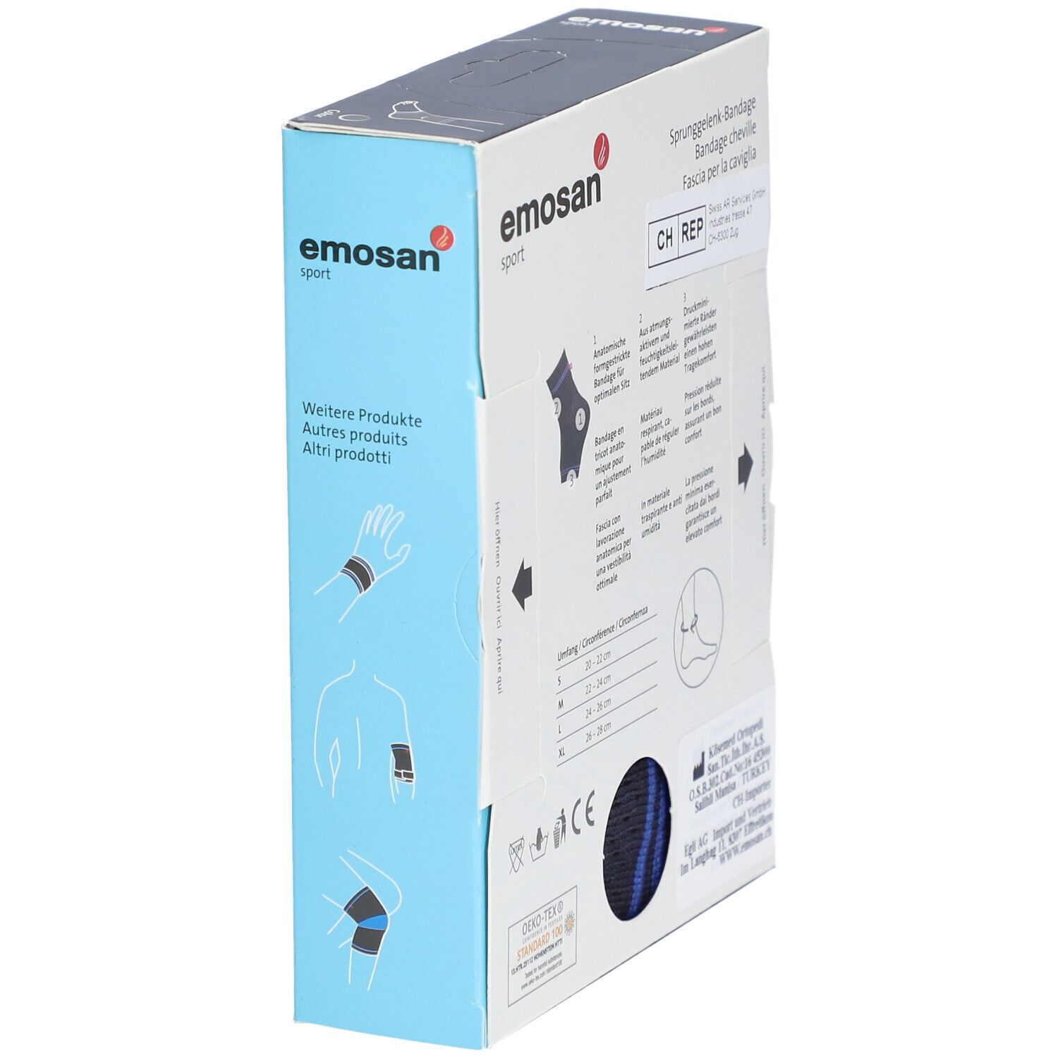 Seitenansicht der Emosan Sport Bandage Cheville Taille XL Verpackung. Illustrationen und Produktinformationen.
