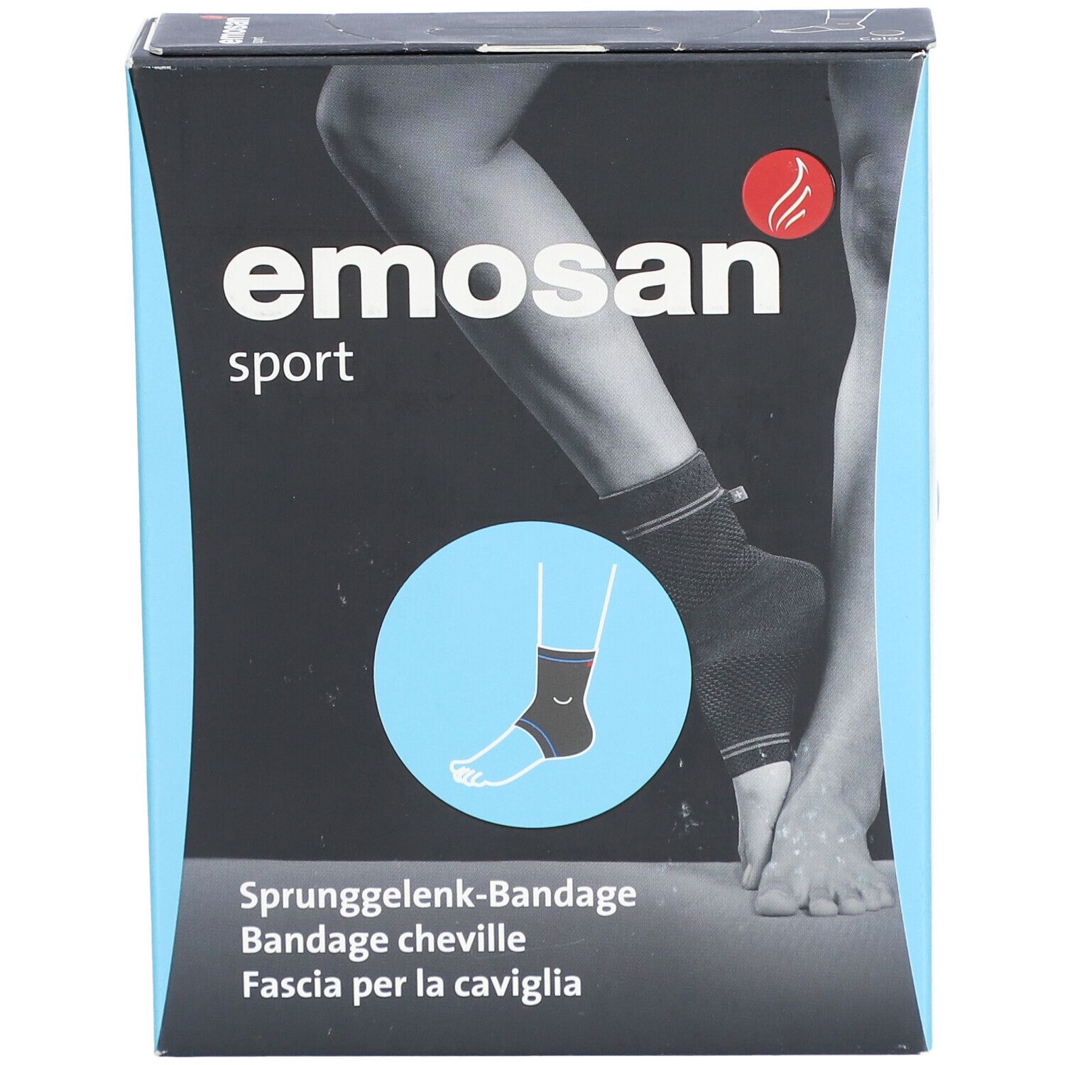 Emosan Sport Bandage Cheville Taille XL auf schwarzem Hintergrund. Produktabbildung mit Schriftzug.