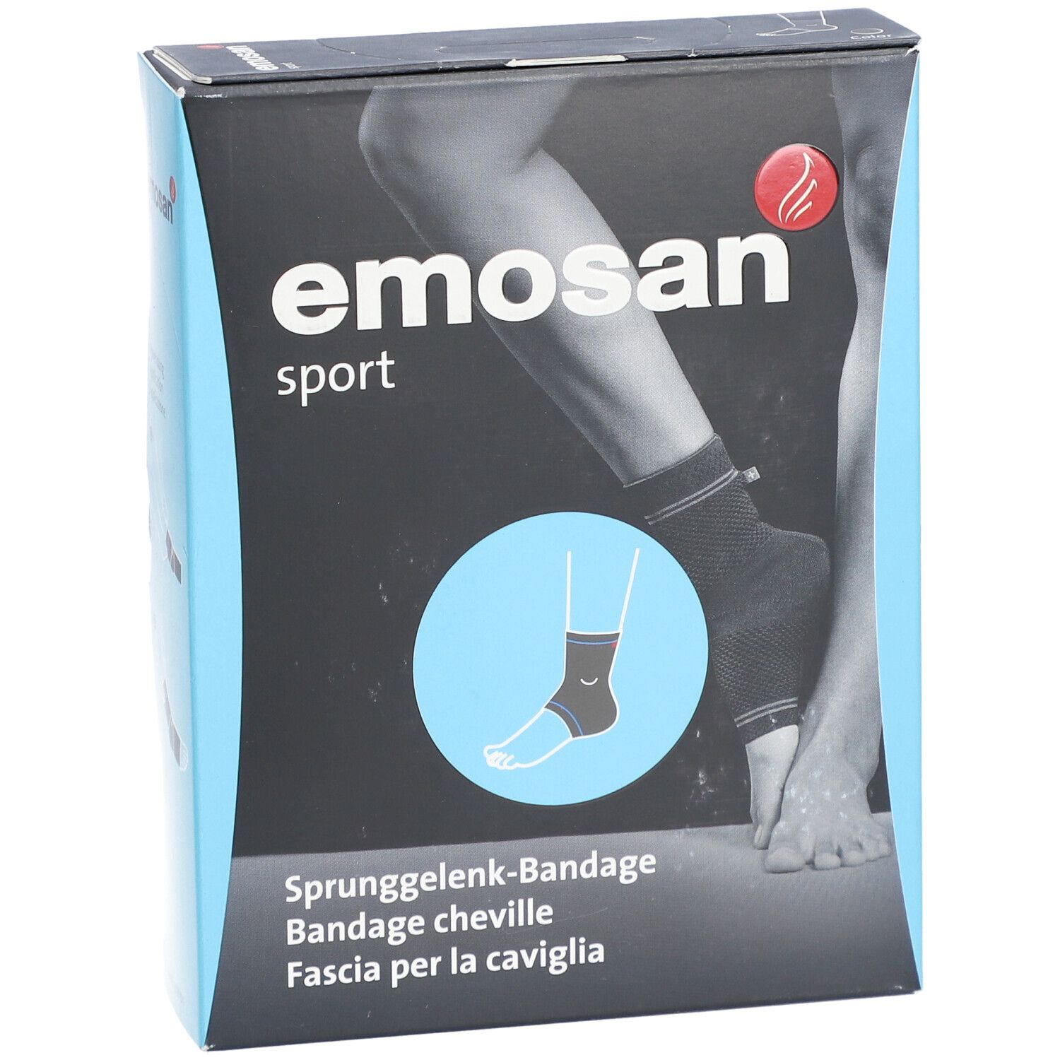Emosan Sport Bandage Cheville Taille XL Verpackung. Produktabbildung und Schriftzug auf blauem Hintergrund.