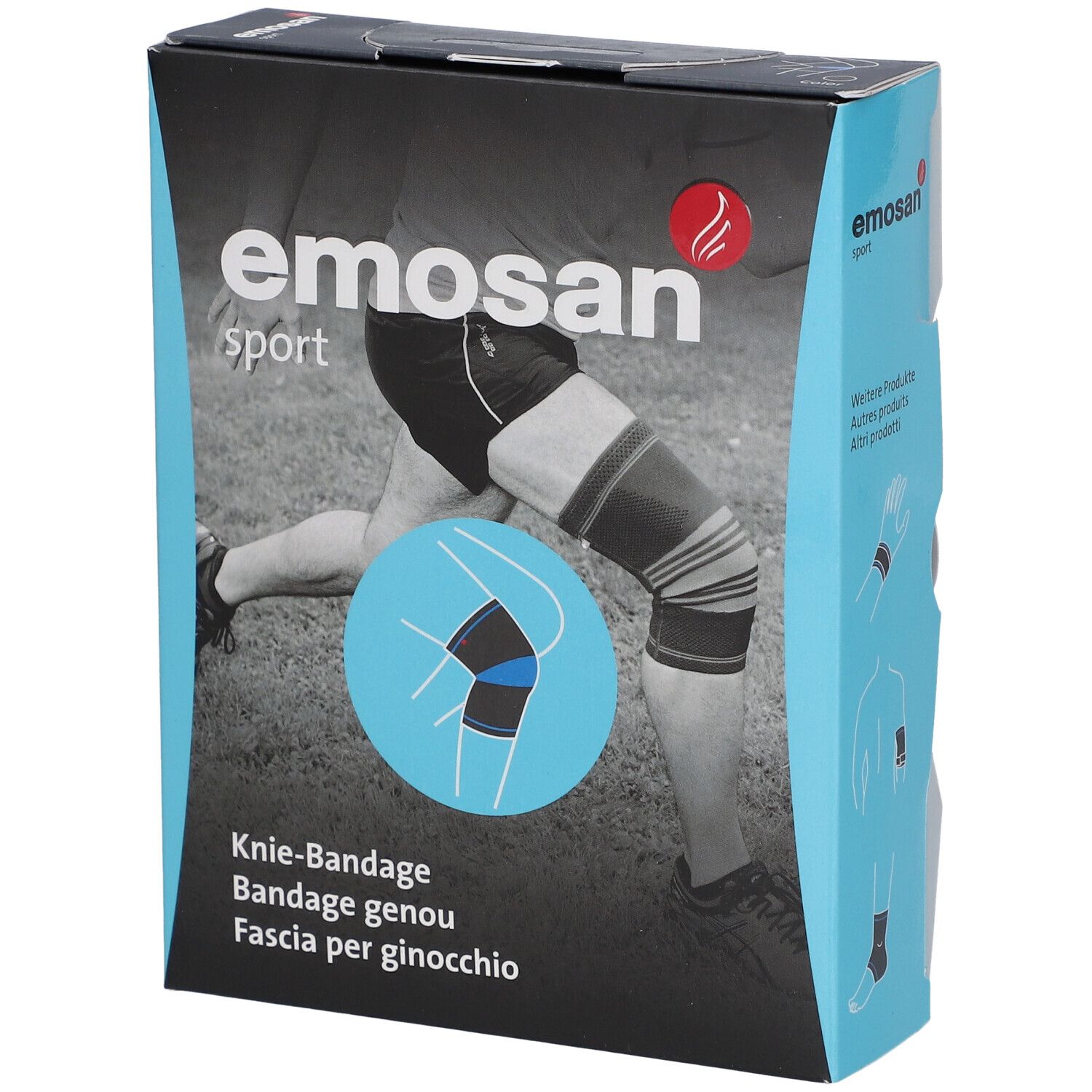 Verpackung der EMOSAN Sport Kniebandage. Aufdruck: Knie-Bandage, Bandage genou, Fascia per ginocchio. Abbildung einer Kniebandage am Bein.