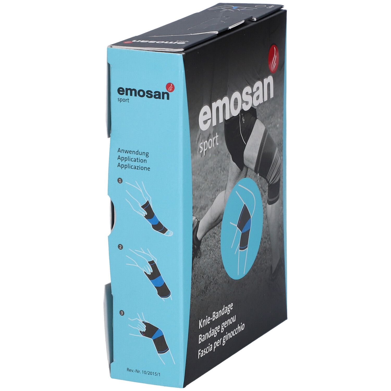 Seitenansicht der EMOSAN Sport Kniebandage-Verpackung. Aufdruck: Anwendung. Illustrationen zur Anwendung der Bandage. Produktname und Logo.