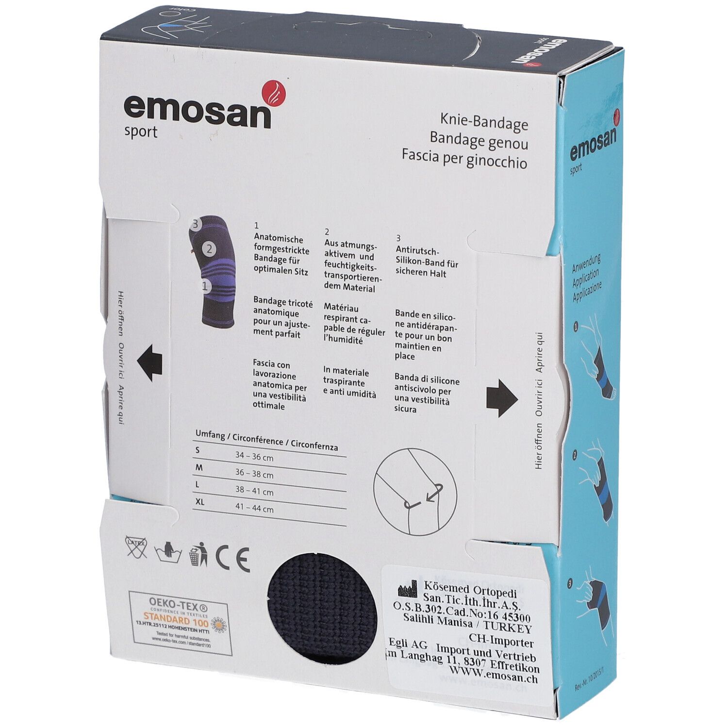 Rückseite der EMOSAN Sport Kniebandage-Verpackung. Informationen zur Größe: S (34-38 cm), M (36-38 cm), L (38-41 cm), XL (41-44 cm).